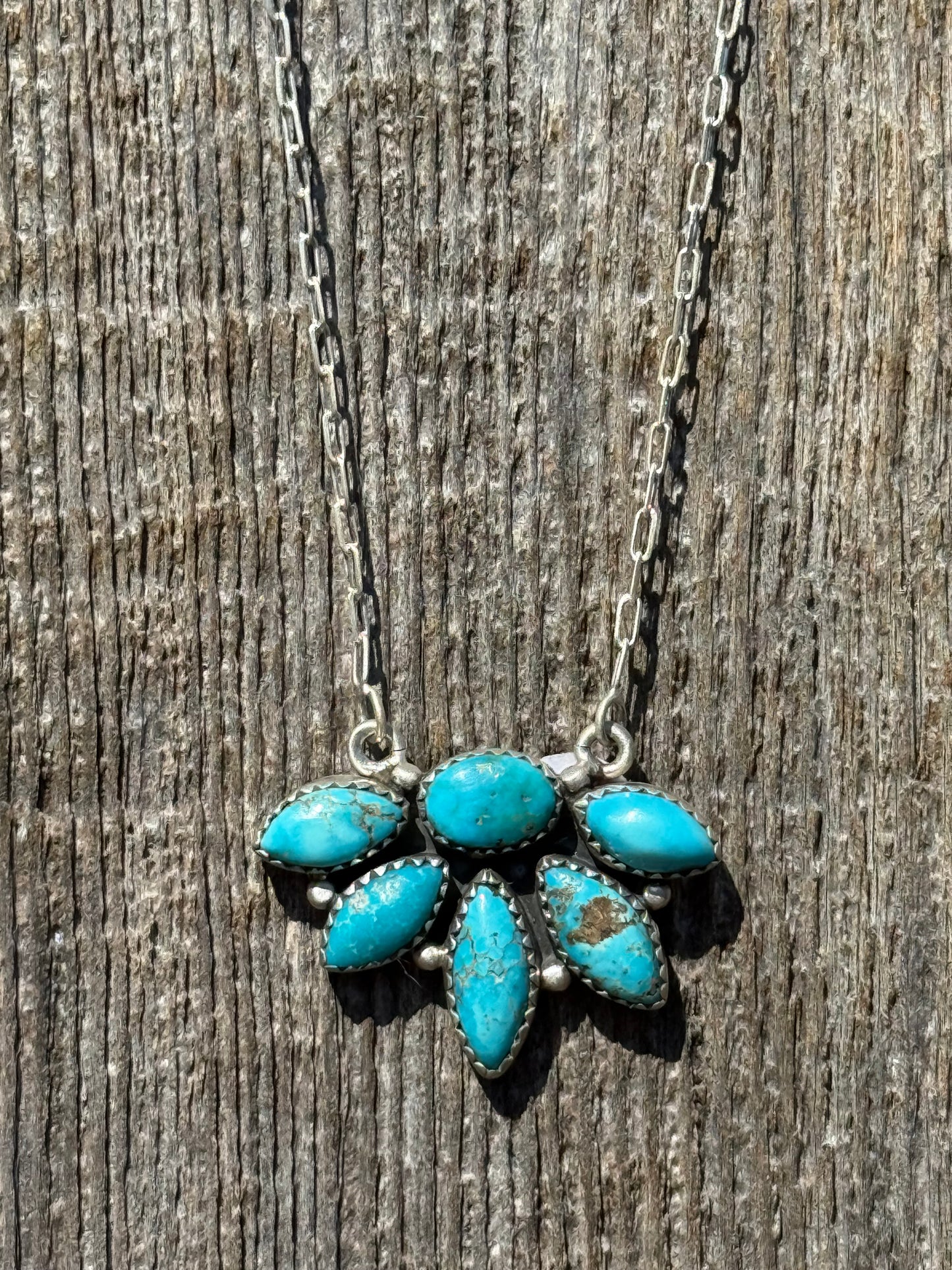 Turquoise Half Flower Gemstone Pendant 925 Paperclip Chain Necklace