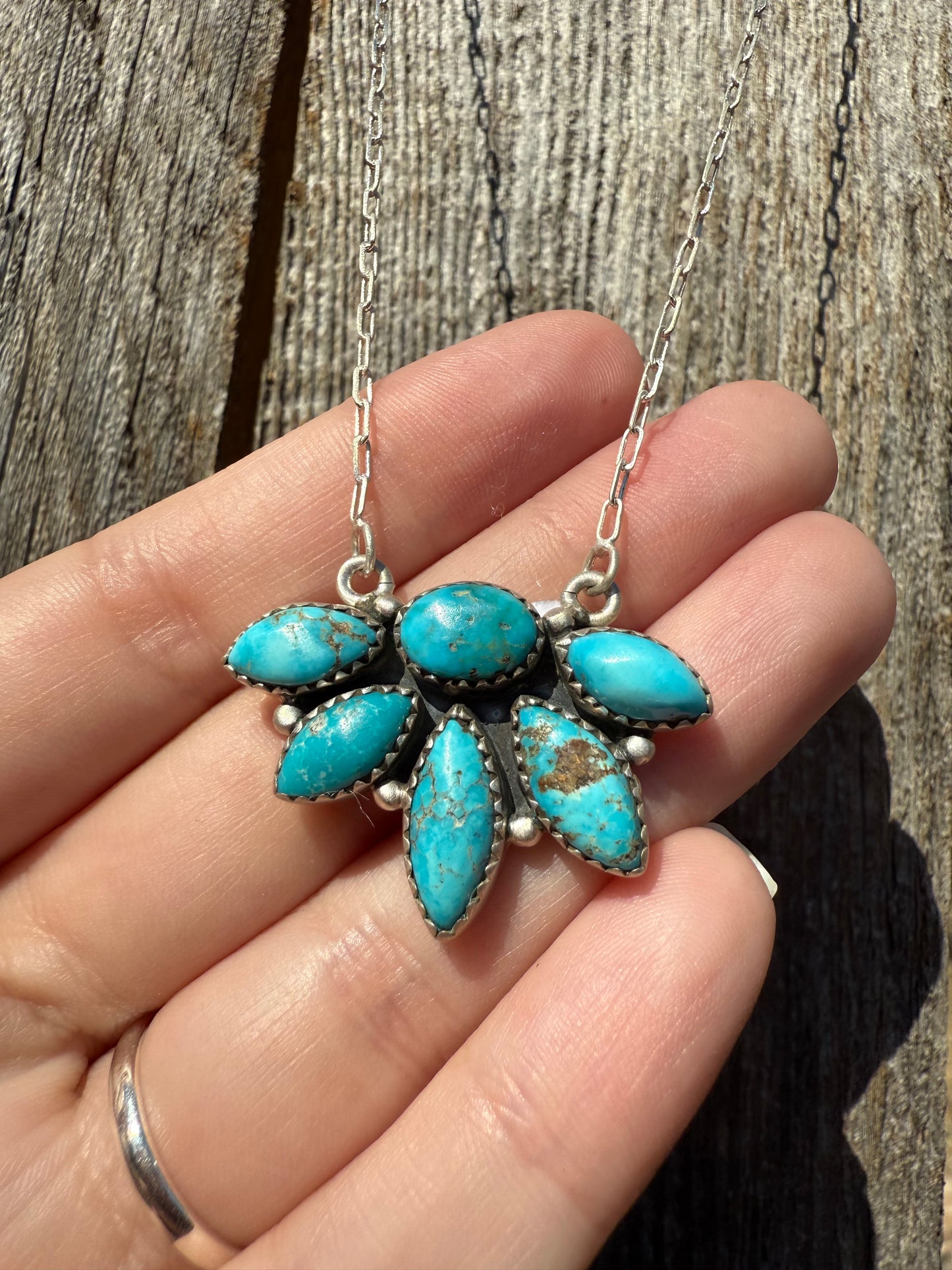 Turquoise Half Flower Gemstone Pendant 925 Paperclip Chain Necklace
