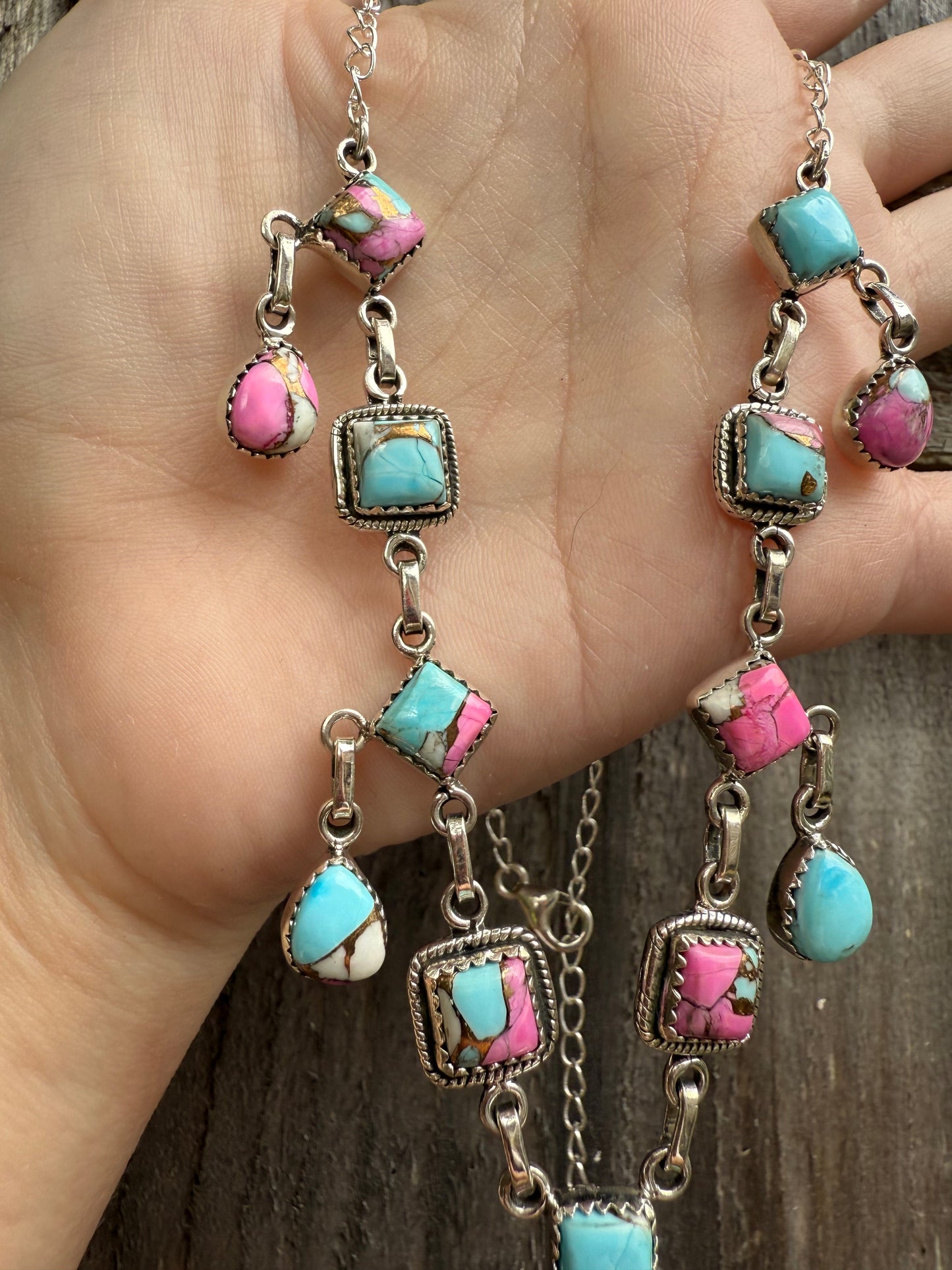 Cotton Candy Turquoise Statement Diamond Drop Lariat Sterling Silver Necklace