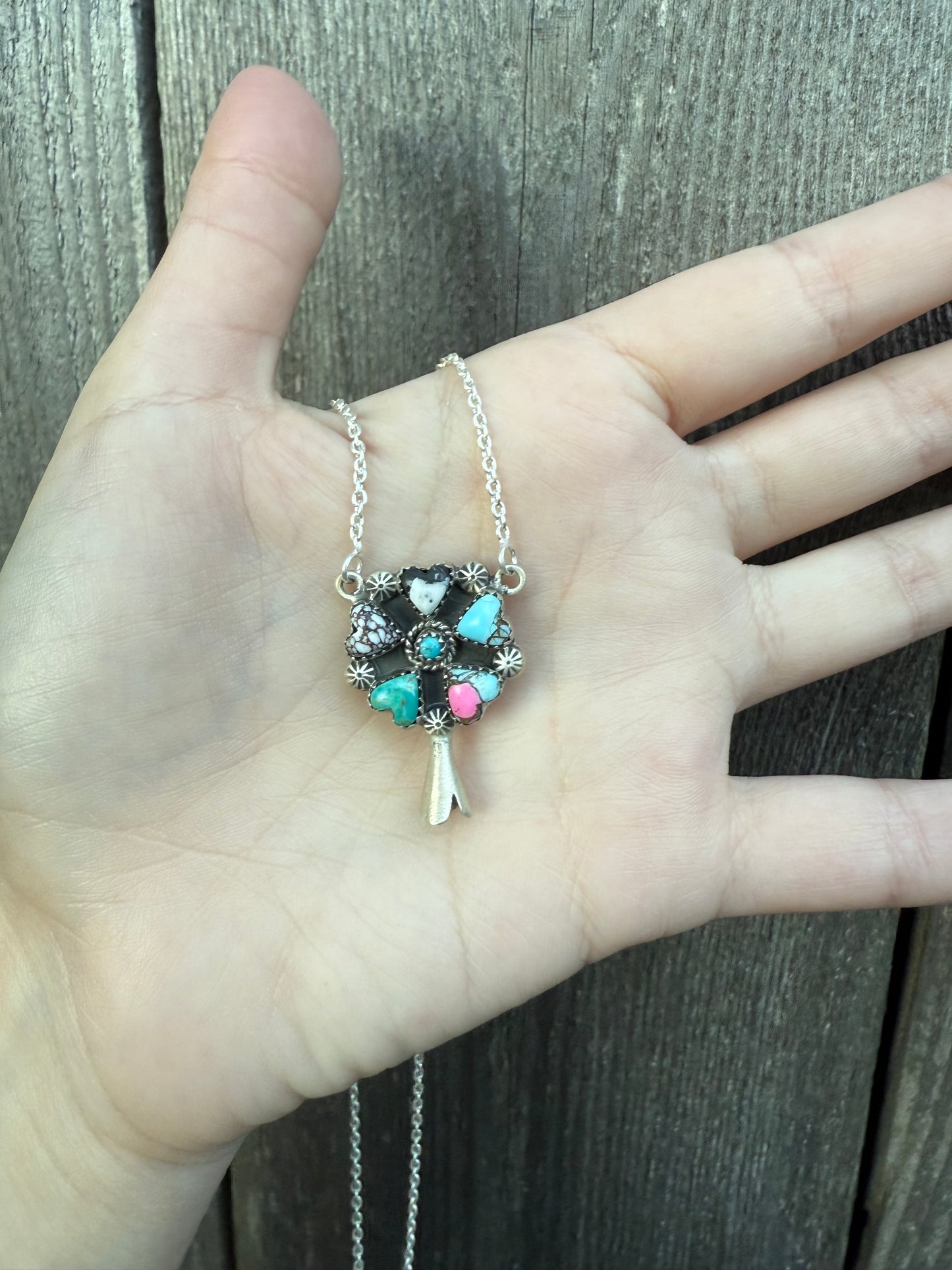 Multi Stone Heart Squash Blossom Horn Sterling Silver Necklace