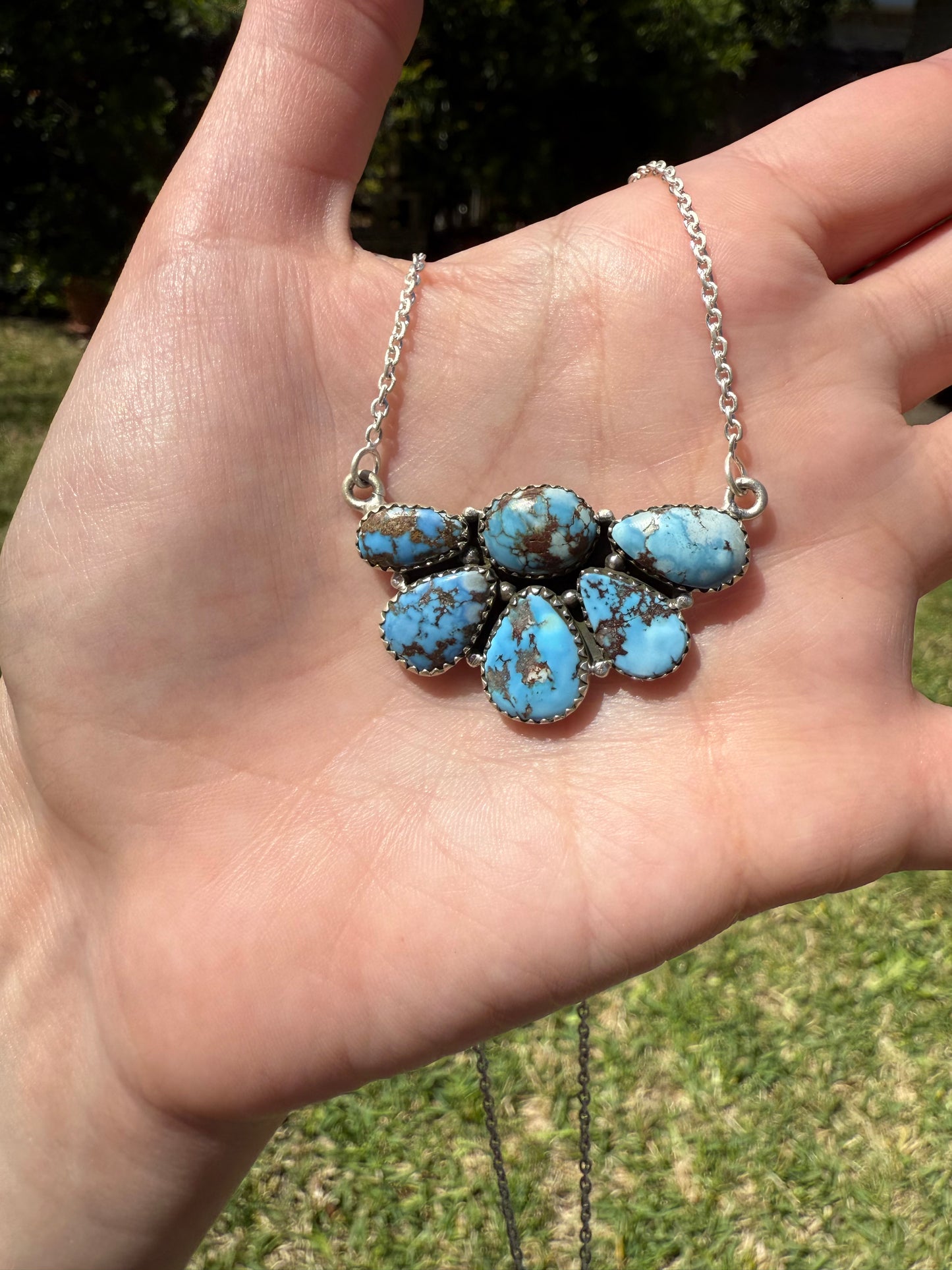 Golden Hills Turquoise Half Flower Cluster Sterling Silver Necklace