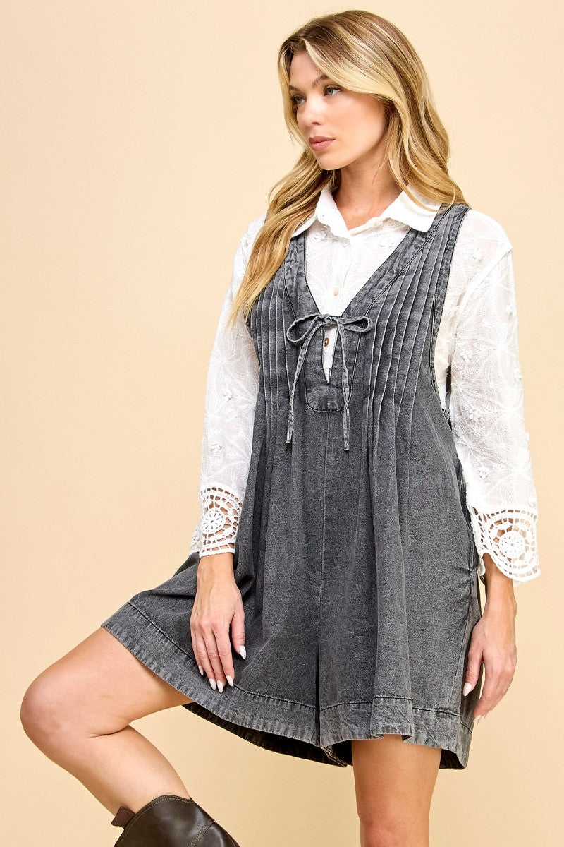Lana Front Pleated V Neck Sleeveless Denim Romper - 4 Colors