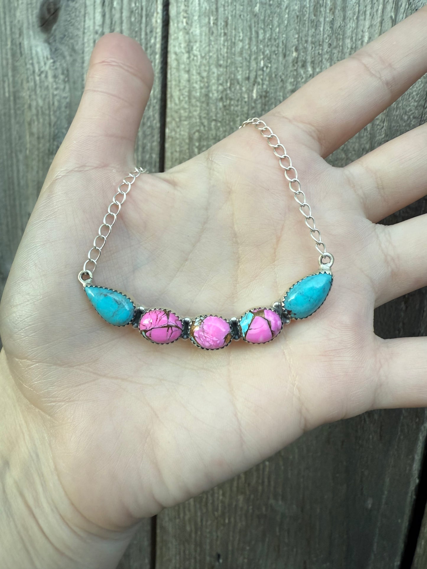 Cotton Candy and Turquoise Statement Big Bar Sterling Silver Necklace