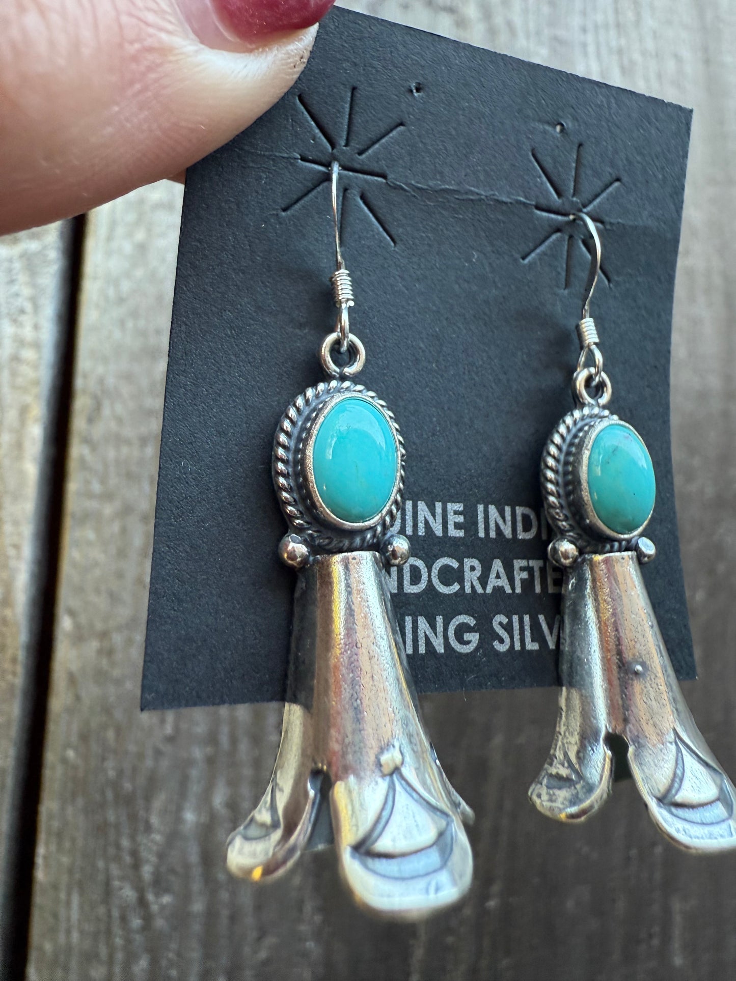 Navajo Turquoise Squash Blossom Horn Dangle Sterling Silver Earrings By Genevive Francisco