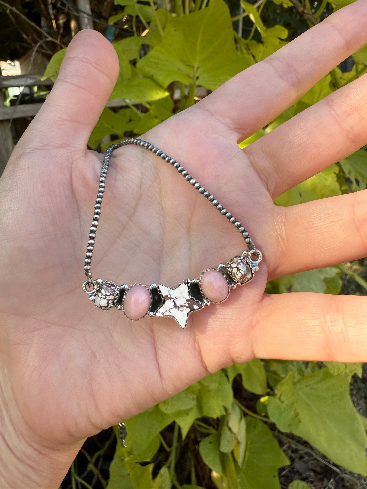 Wild Horse Pink Opal Star Desert Pearl Sterling Silver Necklace