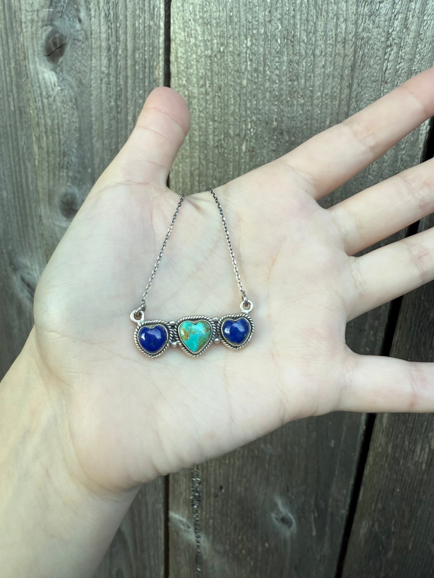 Turquoise and Blue Lapis Triple Heart Bar Sterling Silver Necklace