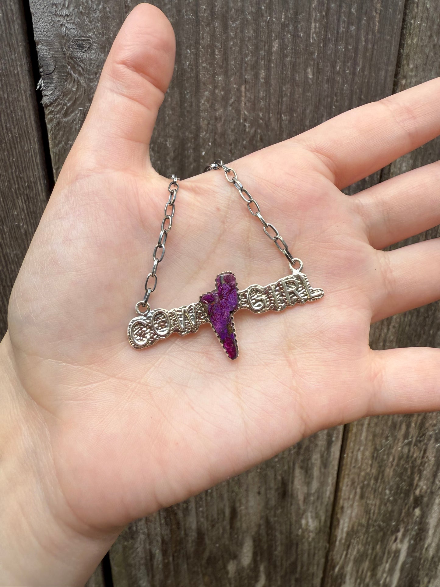 Pink Spiny and Purple Mojave Cowgirl Lightening Bolt Sterling Silver Necklace