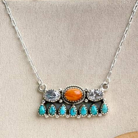 Turquoise, Orange Spiny, and CZ Crystal Spring Sterling Silver Cluster Necklace