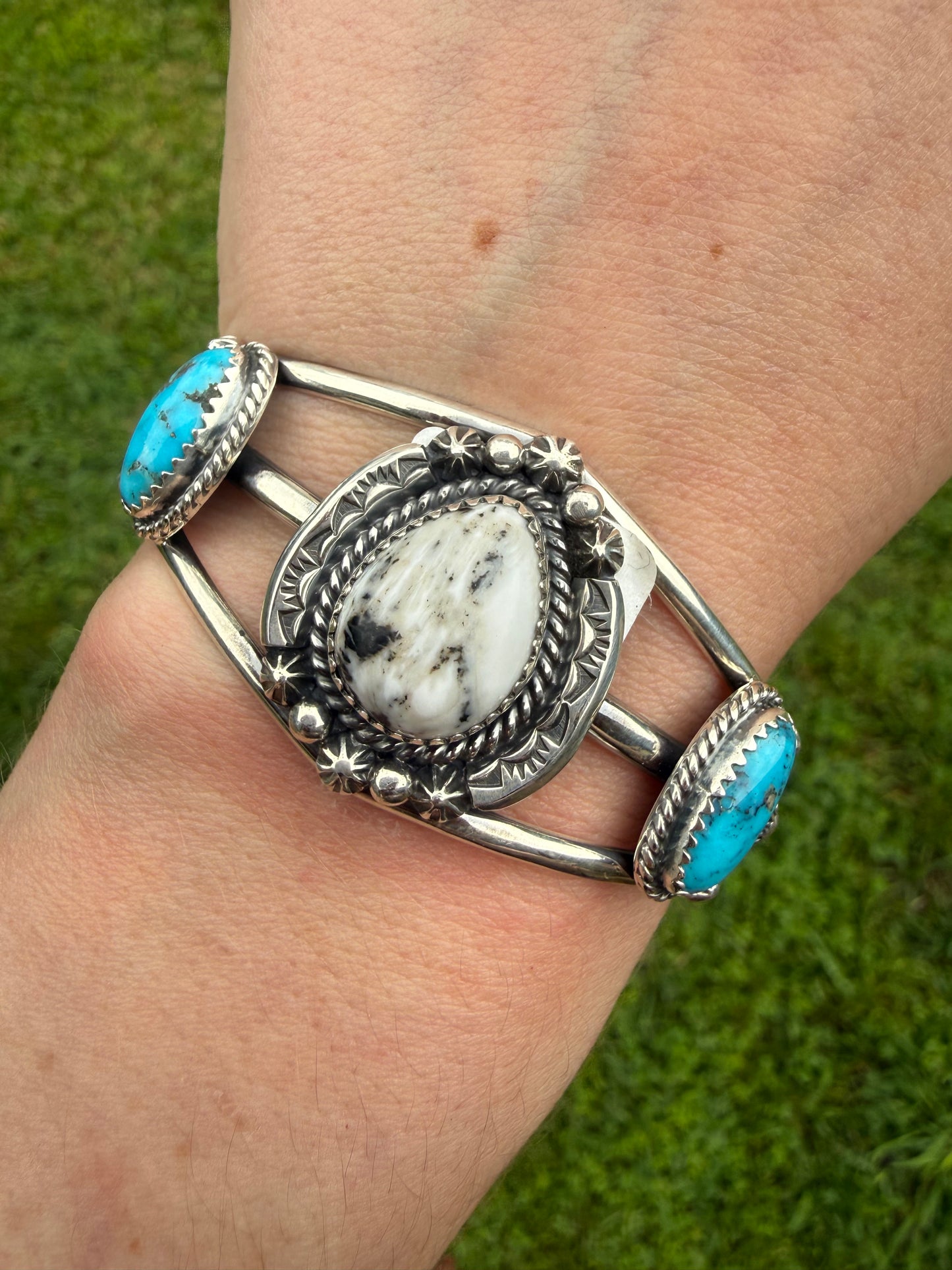 Navajo White Buffalo and Turquoise Sterling Silver Cuff by Lorraine Yellowhair