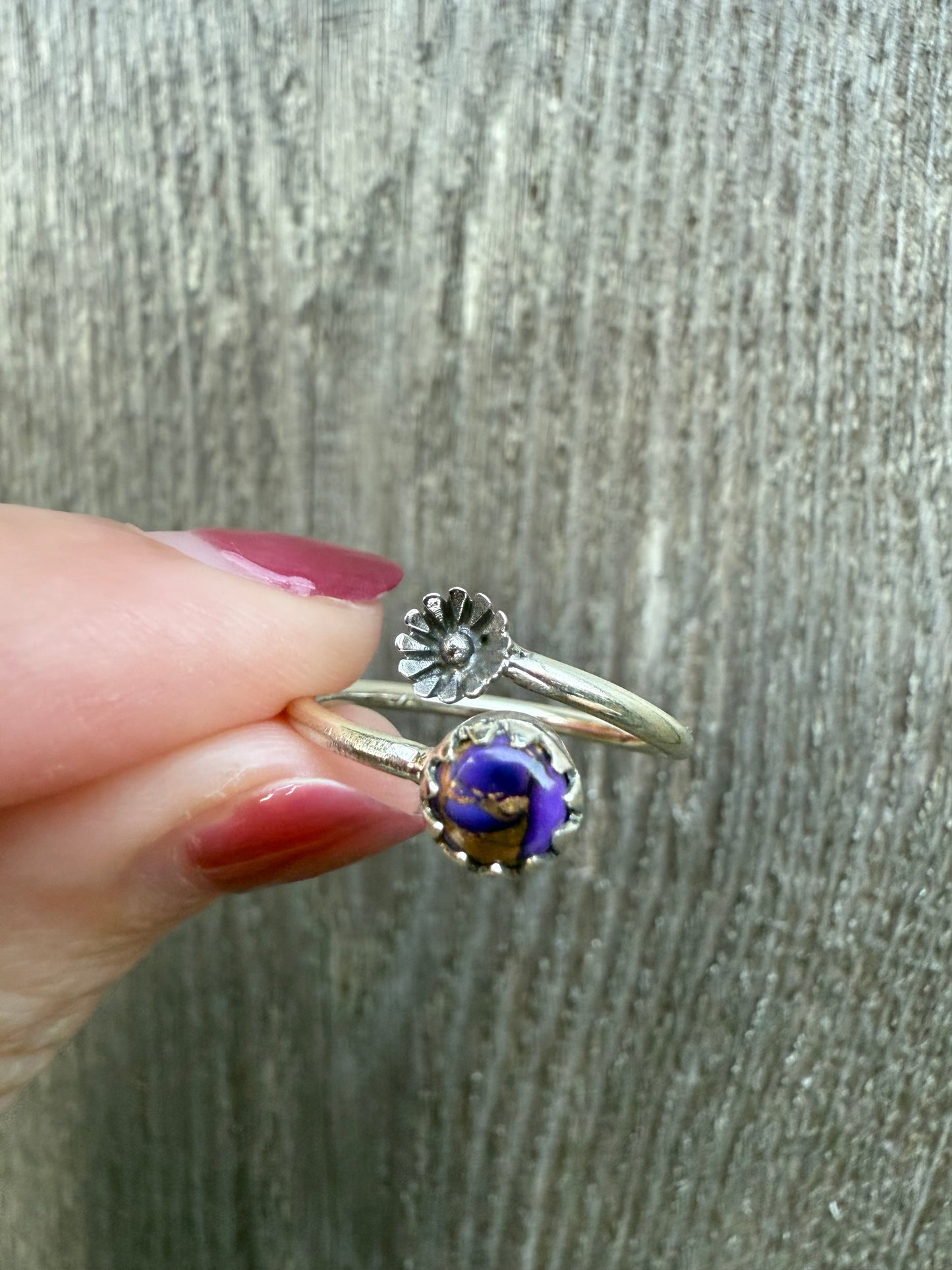 Purple Mojave Flower Floater Sterling Silver Ring - Size 6-6.5