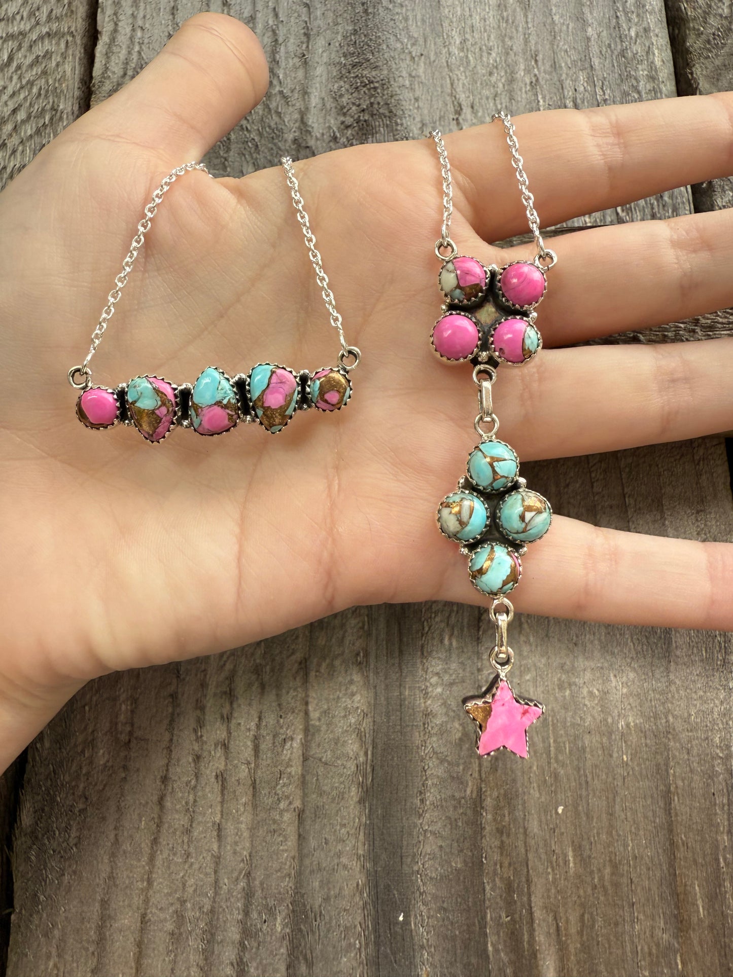 Cotton Candy Turquoise Sterling Silver Bar and Lariat Necklace