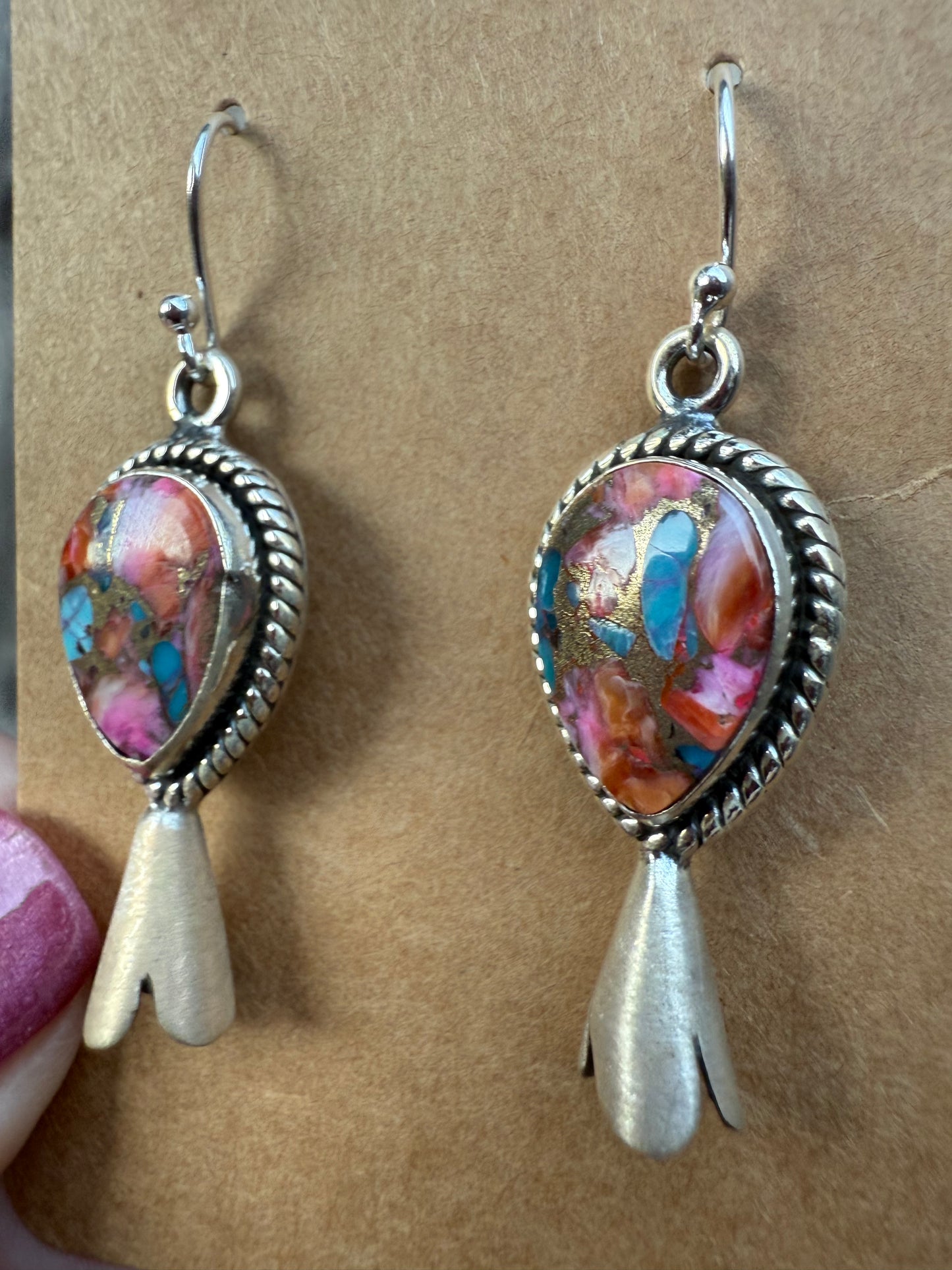 Pink Dahlia Squash Blossom Horn Sterling Silver 925 Dangle Earrings