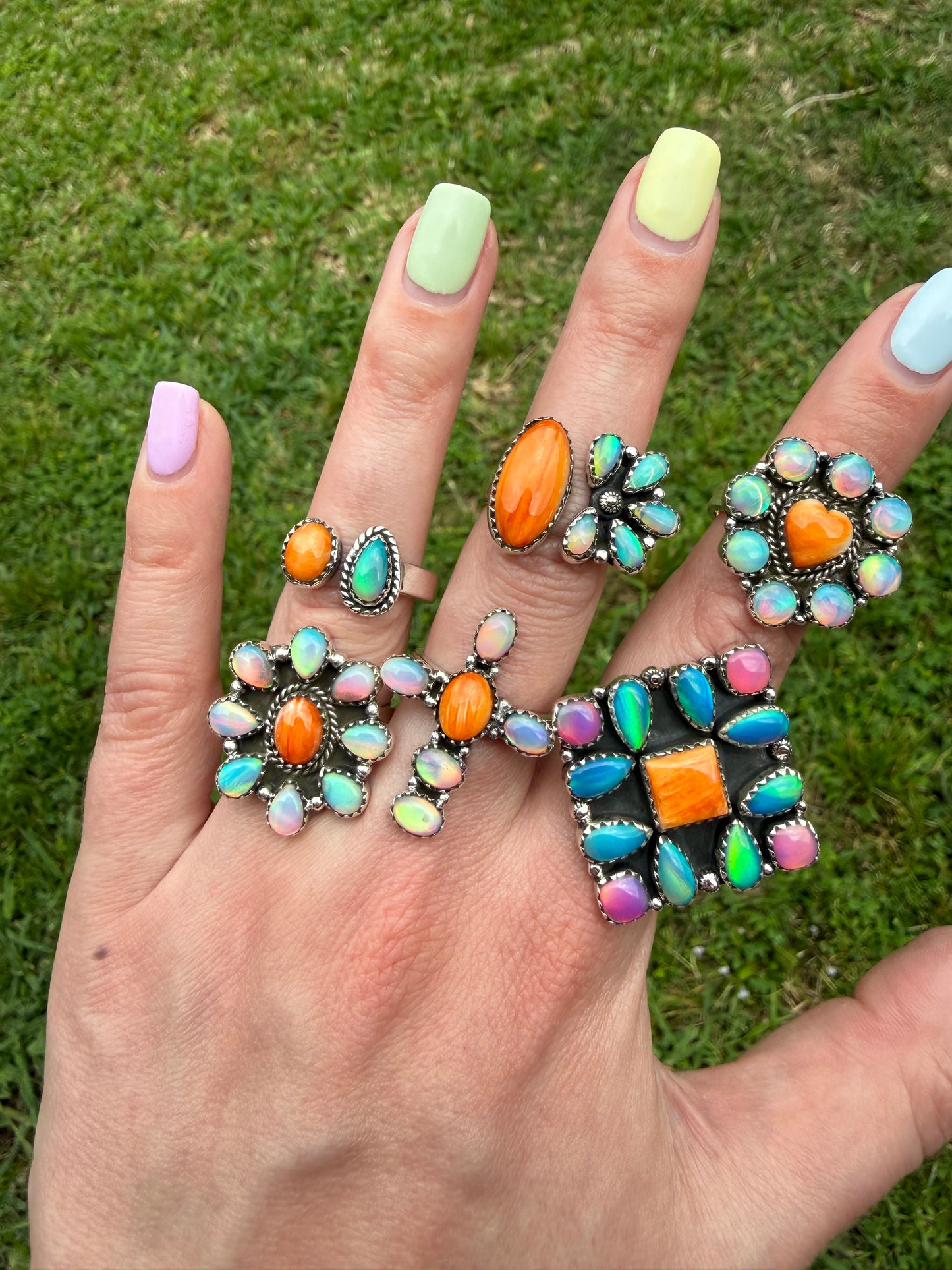 Orange Spiny and Balloon Opal Adjustable Sterling Silver Ring