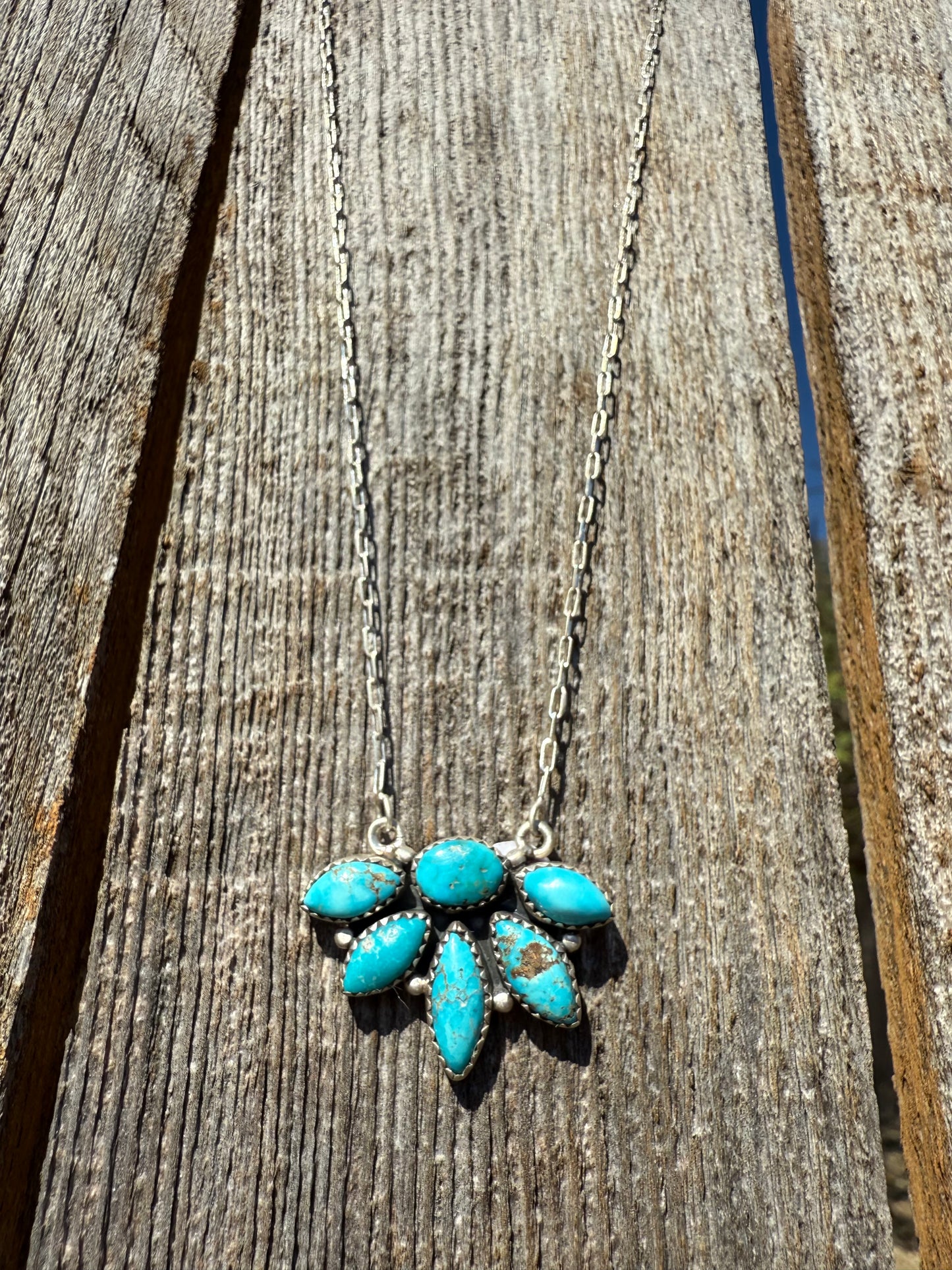 Turquoise Half Flower Gemstone Pendant 925 Paperclip Chain Necklace