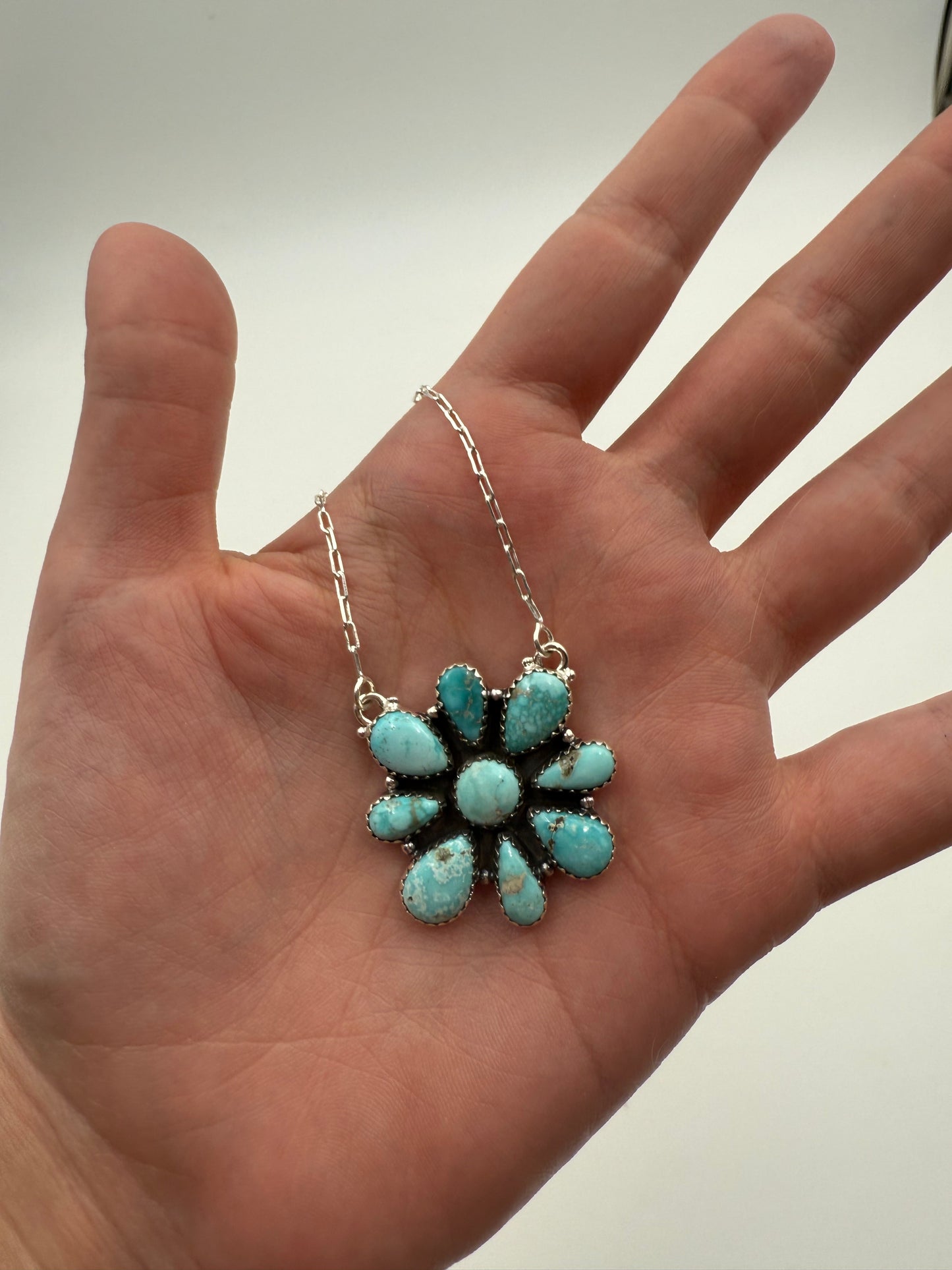 White Water Turquoise Full Flower Silver Paperclip Chain Necklace