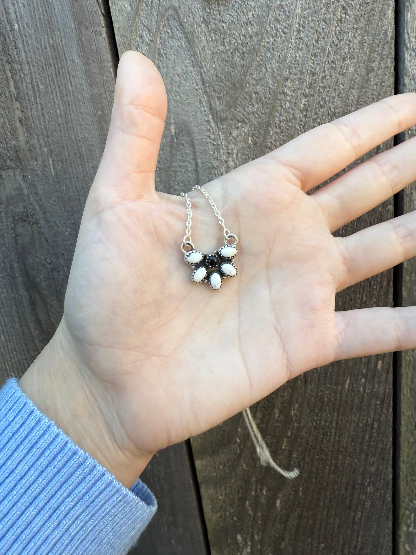 White Buffalo and Black Onyx Half Flower Sterling Silver Necklace
