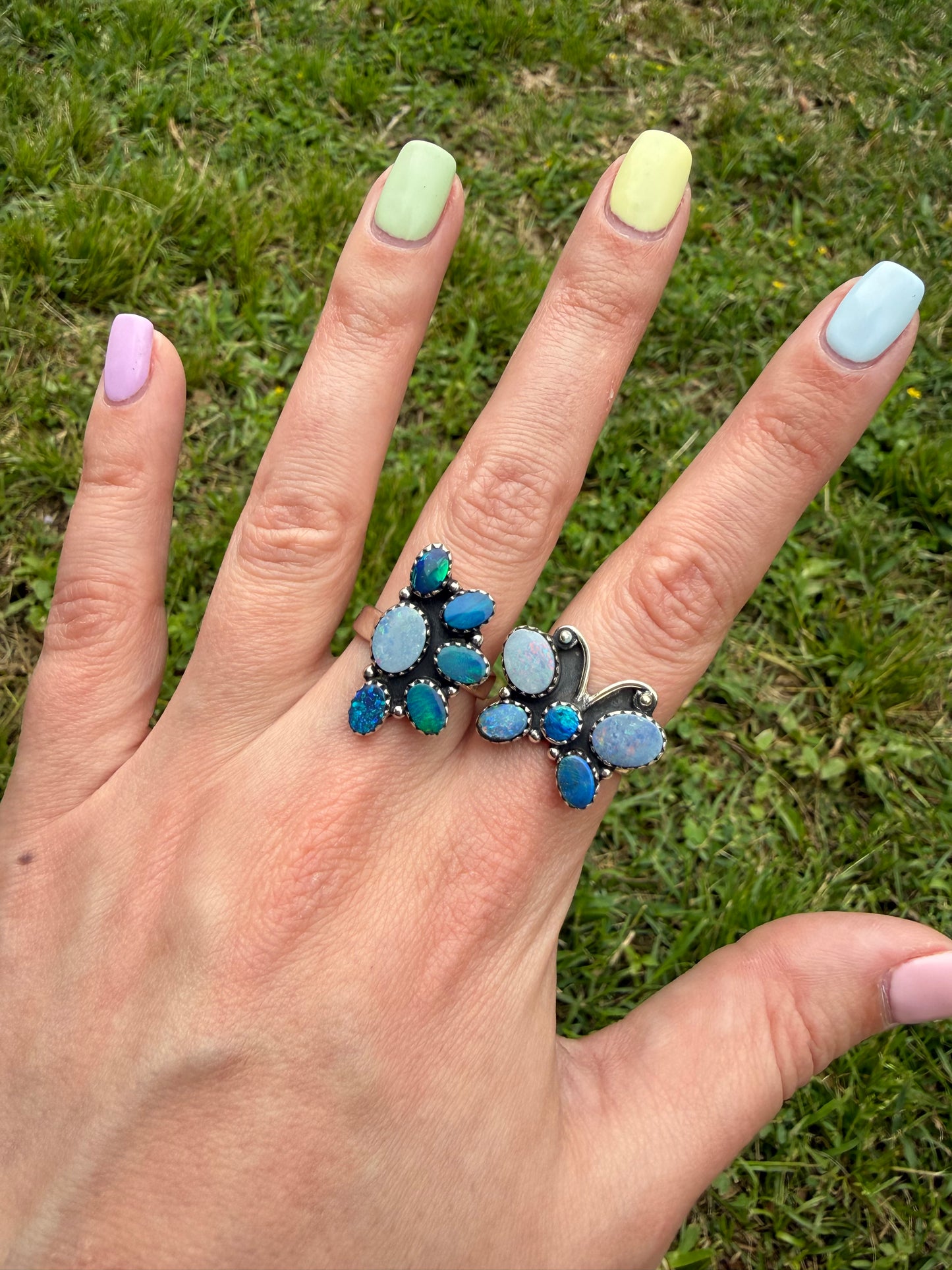 Australian Opal Cute Cluster Sterling Silver Adjustable Rings