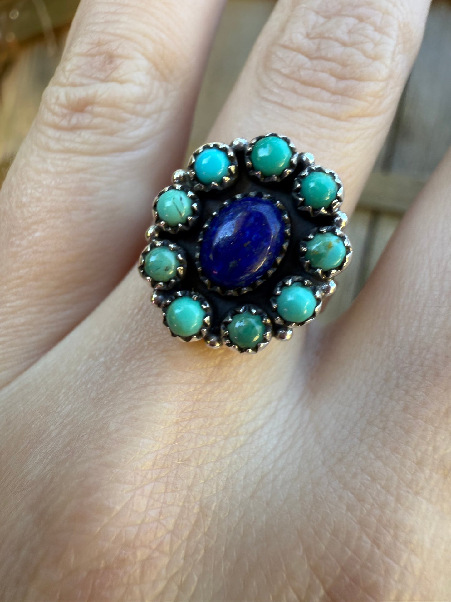 Turquoise and Blue Lapis Full Flower Sterling Silver Adjustable Ring