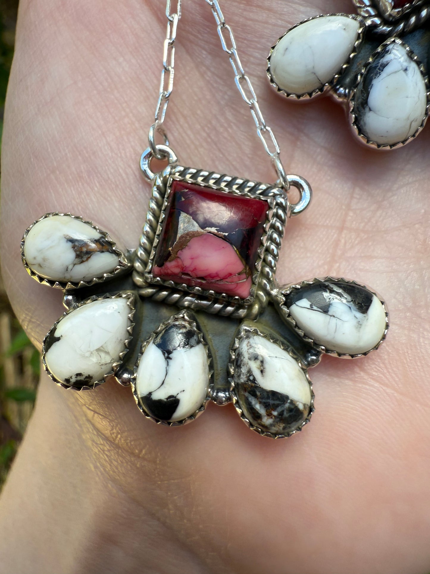 Red Rose Dahlia and White Buffalo Half Flower Cluster Necklace