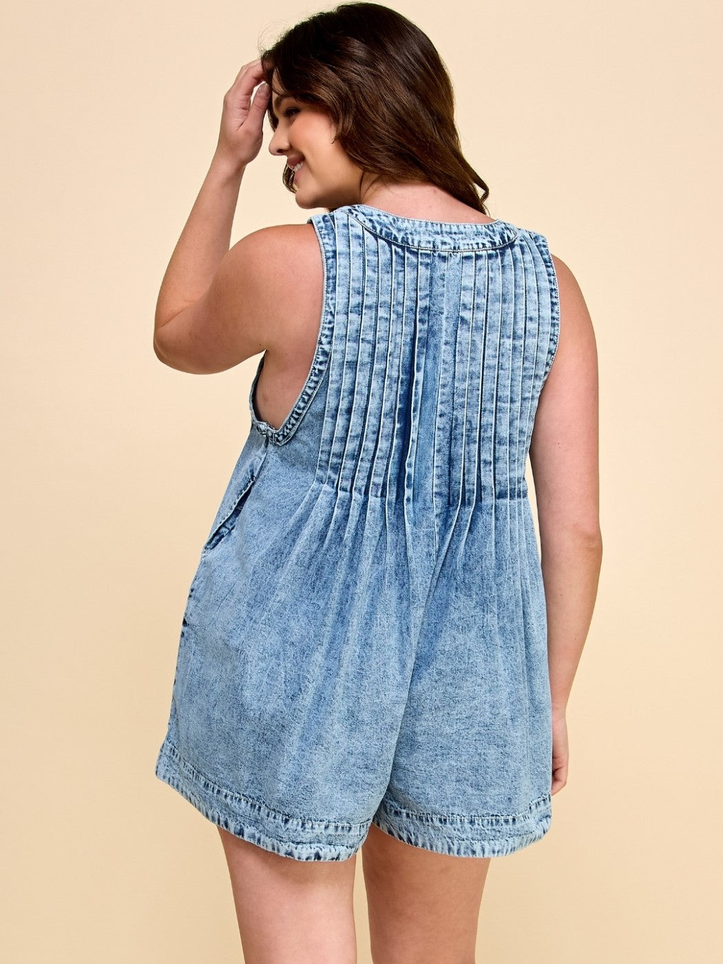 Lana Front Pleated V Neck Sleeveless Denim Romper - 4 Colors