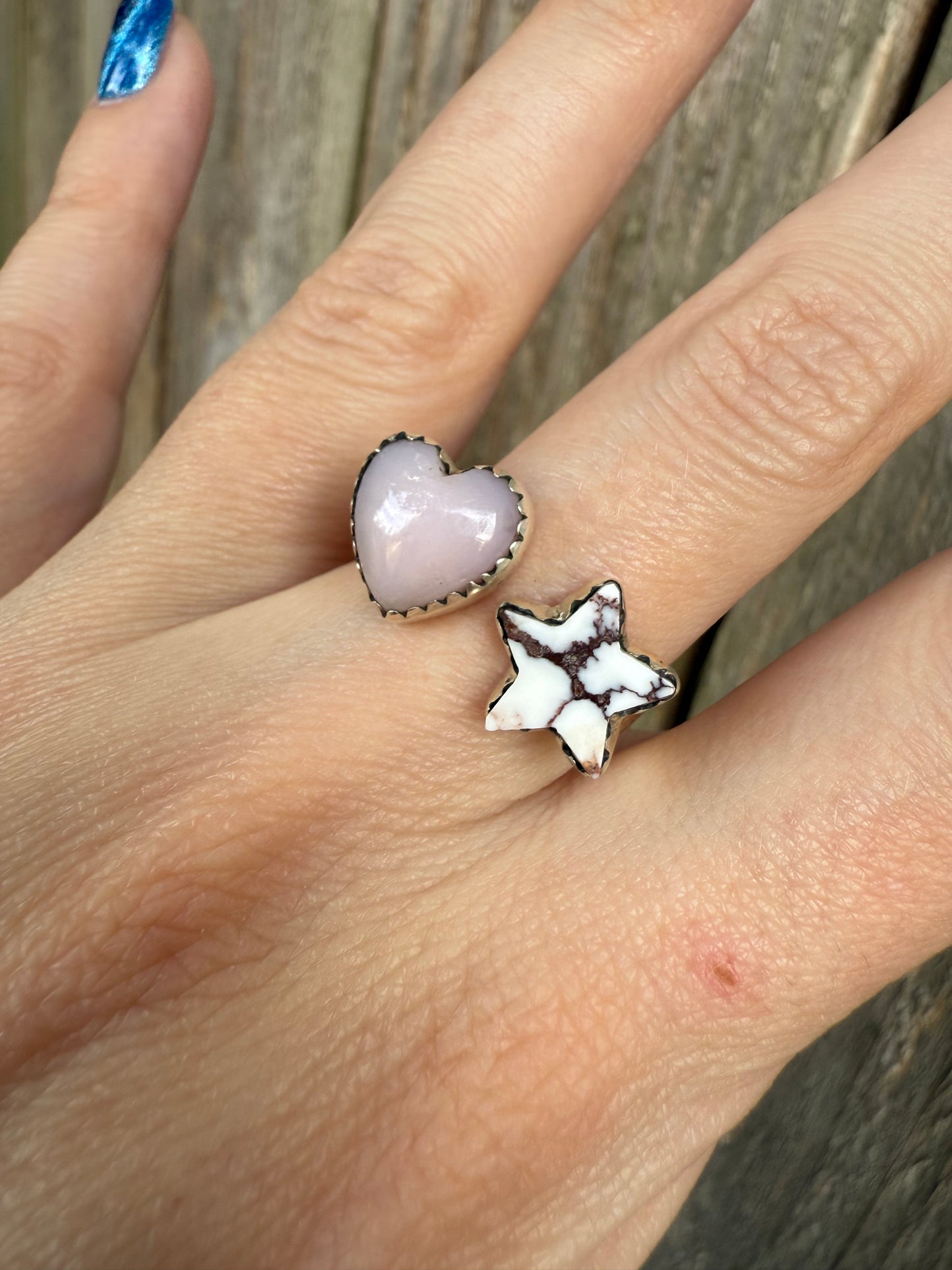 Wild Horse Star And Pink Opal Heart Floater Sterling Silver Ring