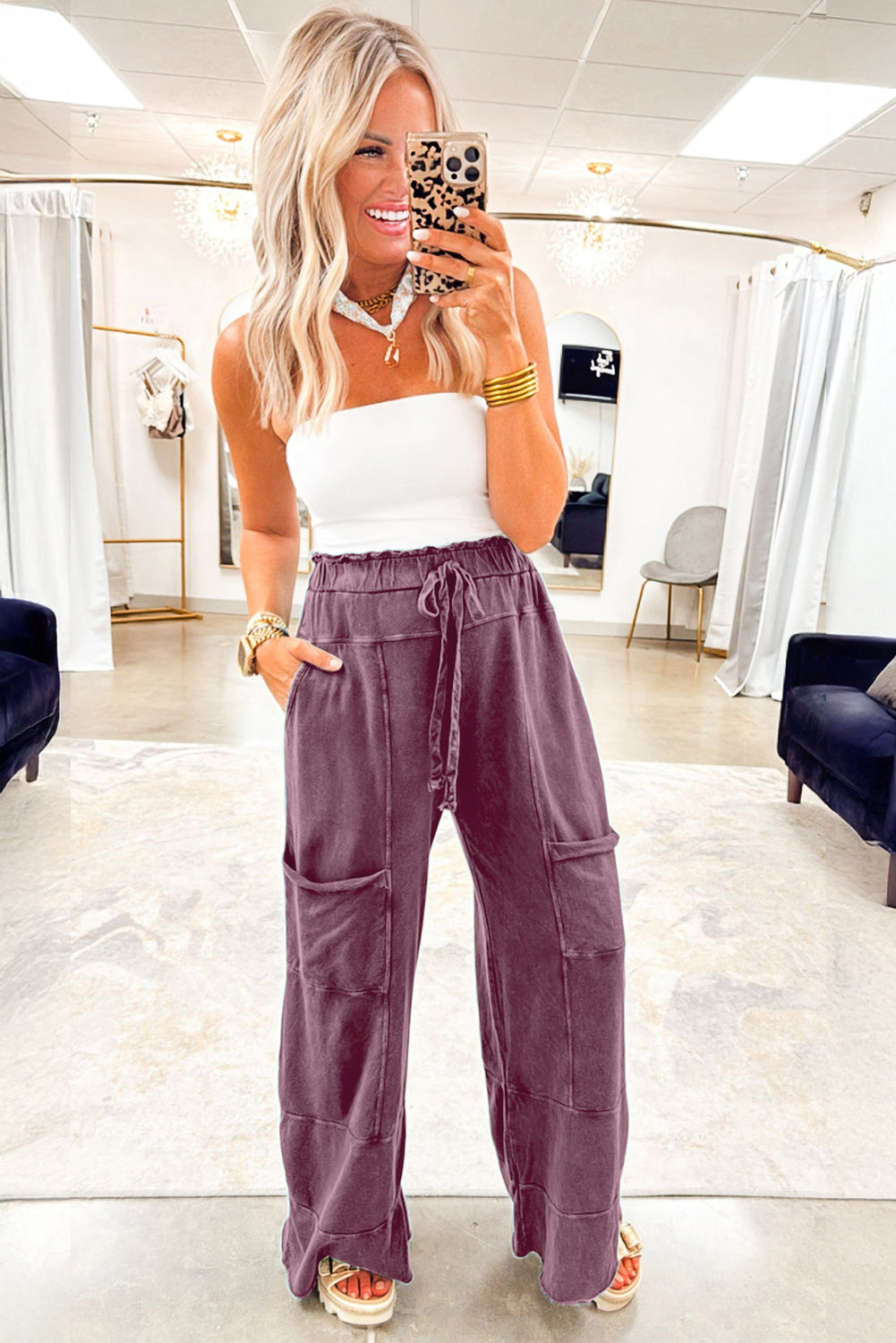 Wild Ginger Mineral Wash Lace-up High Waist Raw Hem Patched Pocket Pants