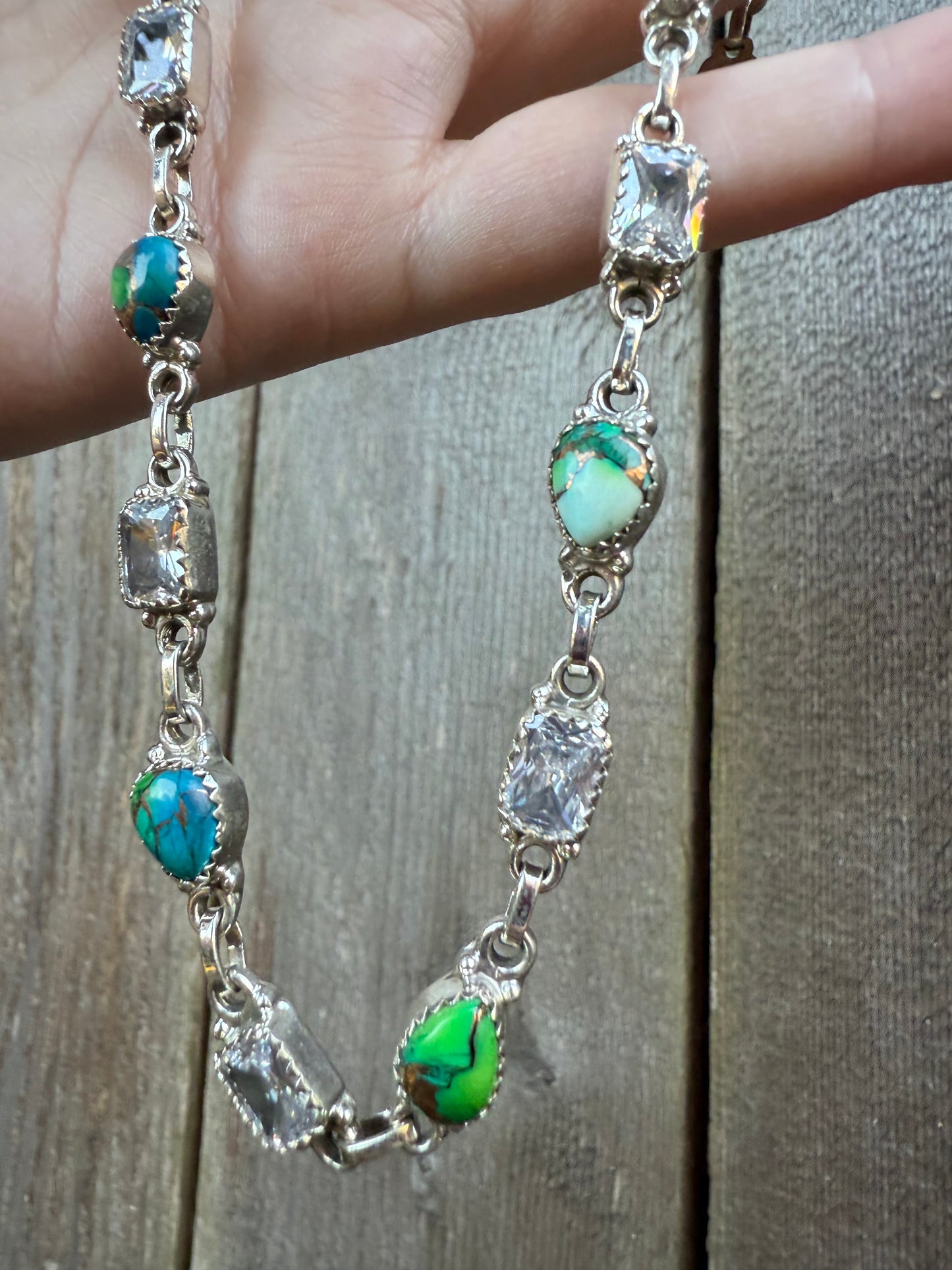 Peacock Dahlia And CZ Crystal Infinity Sterling Silver Necklace