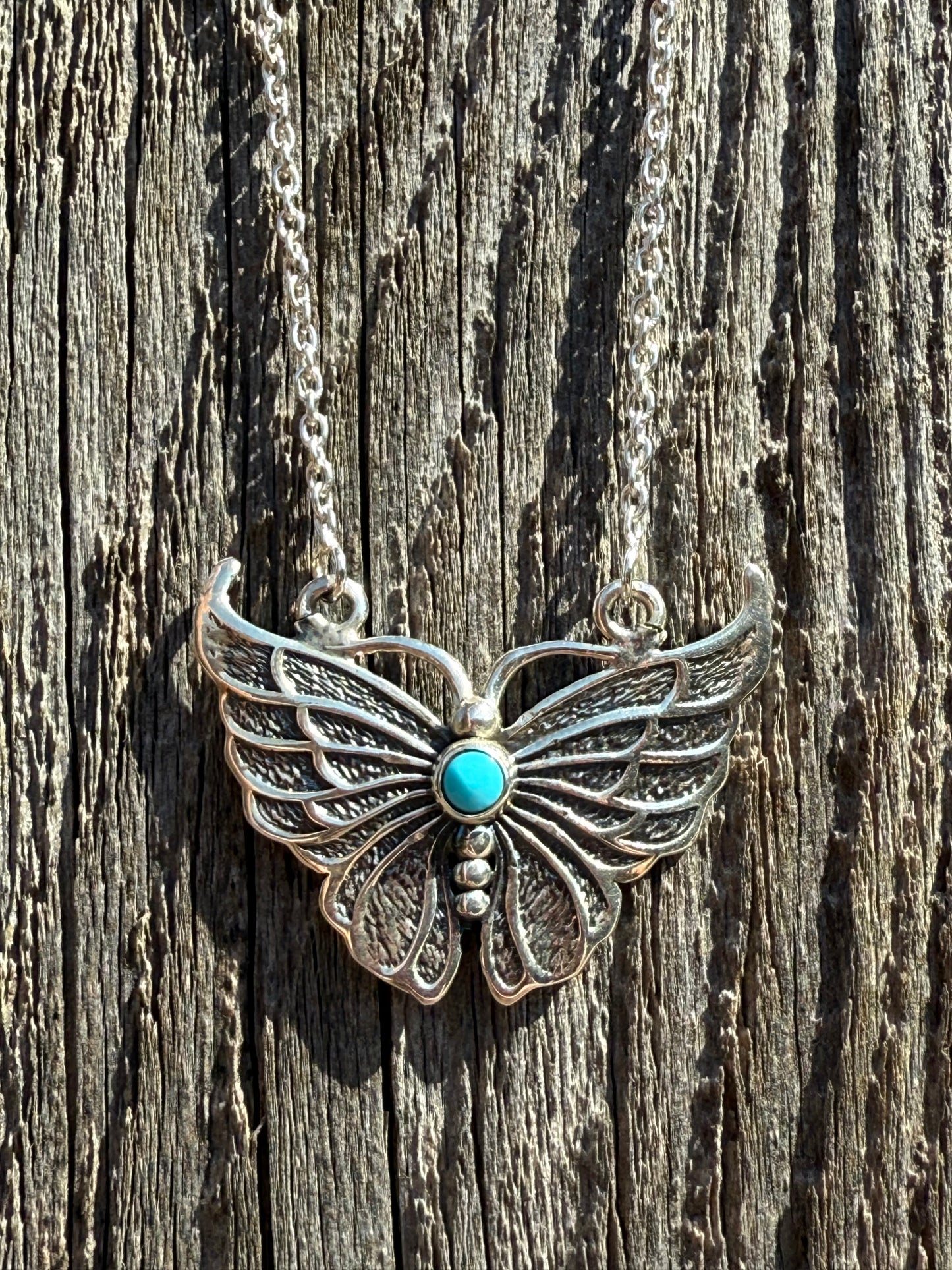 925 Silver Butterfly with Turquoise Plate Pendant Necklace