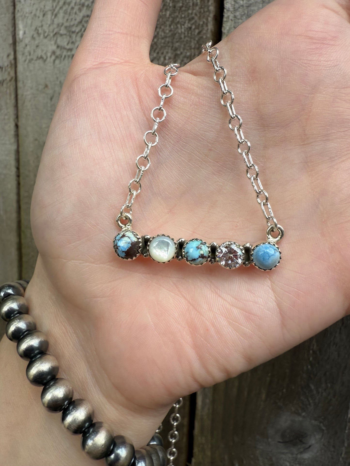 Golden Hills Turquoise, White Shell, and Crystal Bar Sterling Silver Necklace