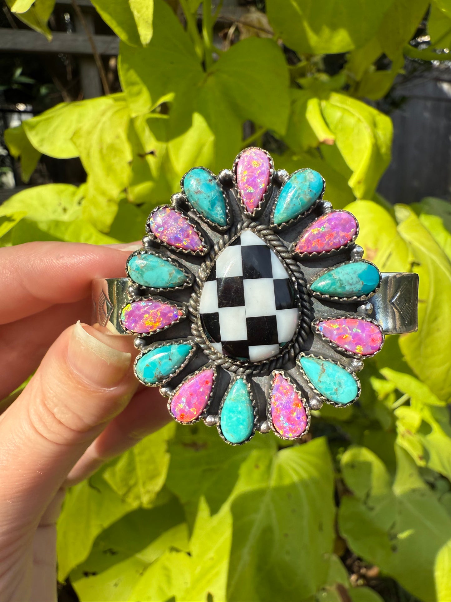 Checkered Pink and Blue Balloon Opal Statement Sterling Silver Cuff