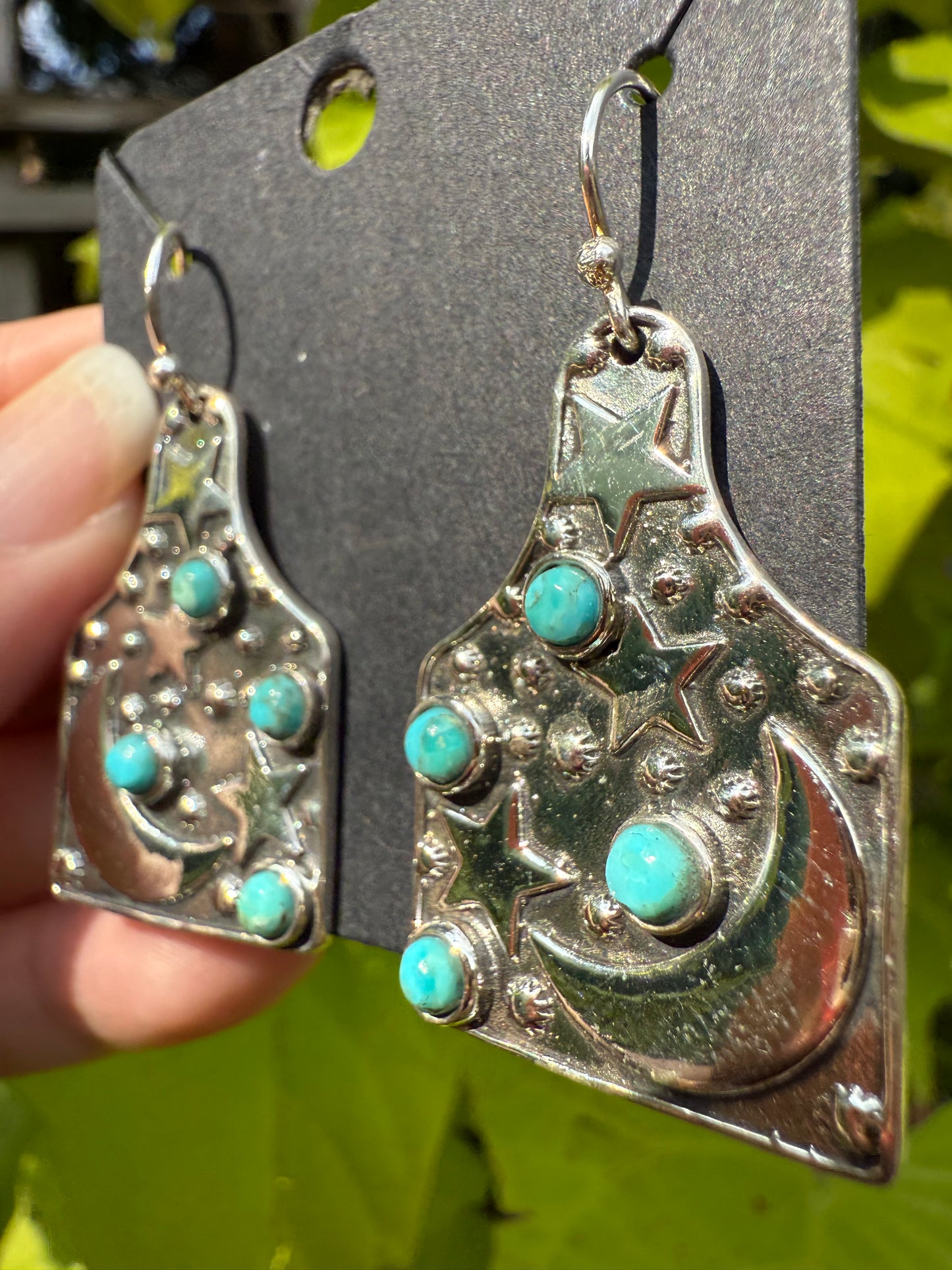 Turquoise Star and and Moon Tag Style Sterling Silver Earrings