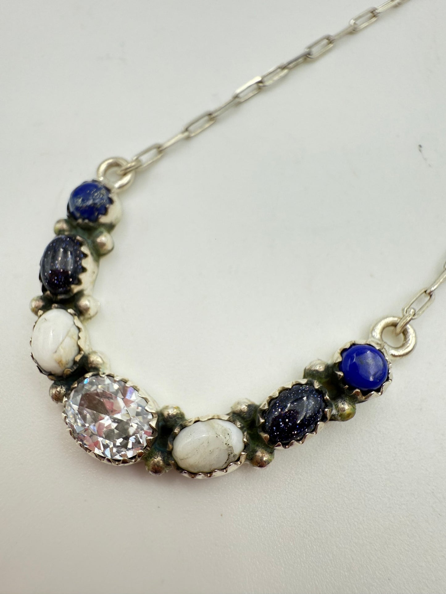 Blue Lapis, White Buffalo, Blue Goldstone and CZ Crystal Horseshoe Paperclip Chain Necklace