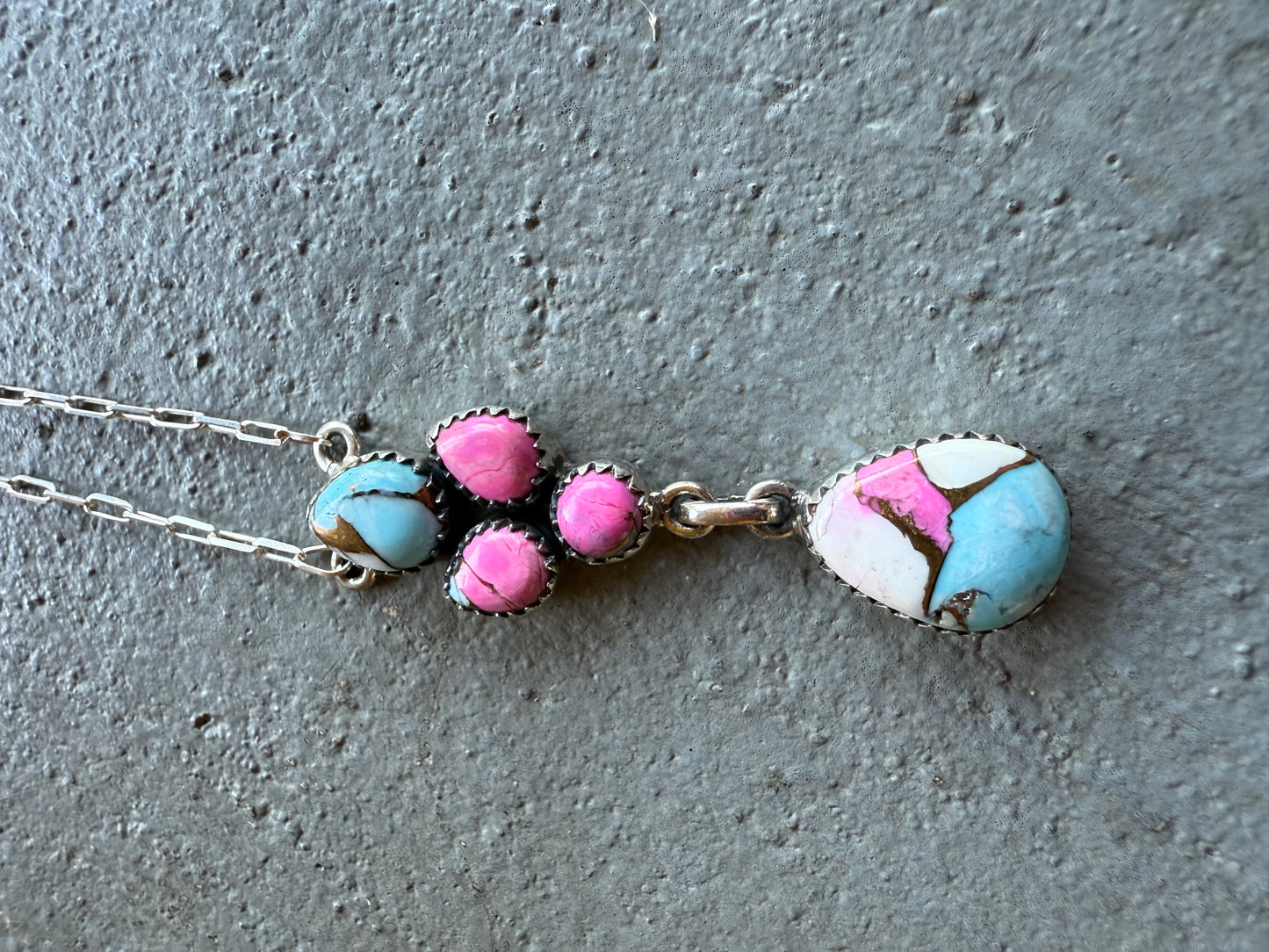 Cotton Candy Turquoise Lariat Paperclip Chain Pendant 925 Sterling Silver Necklace