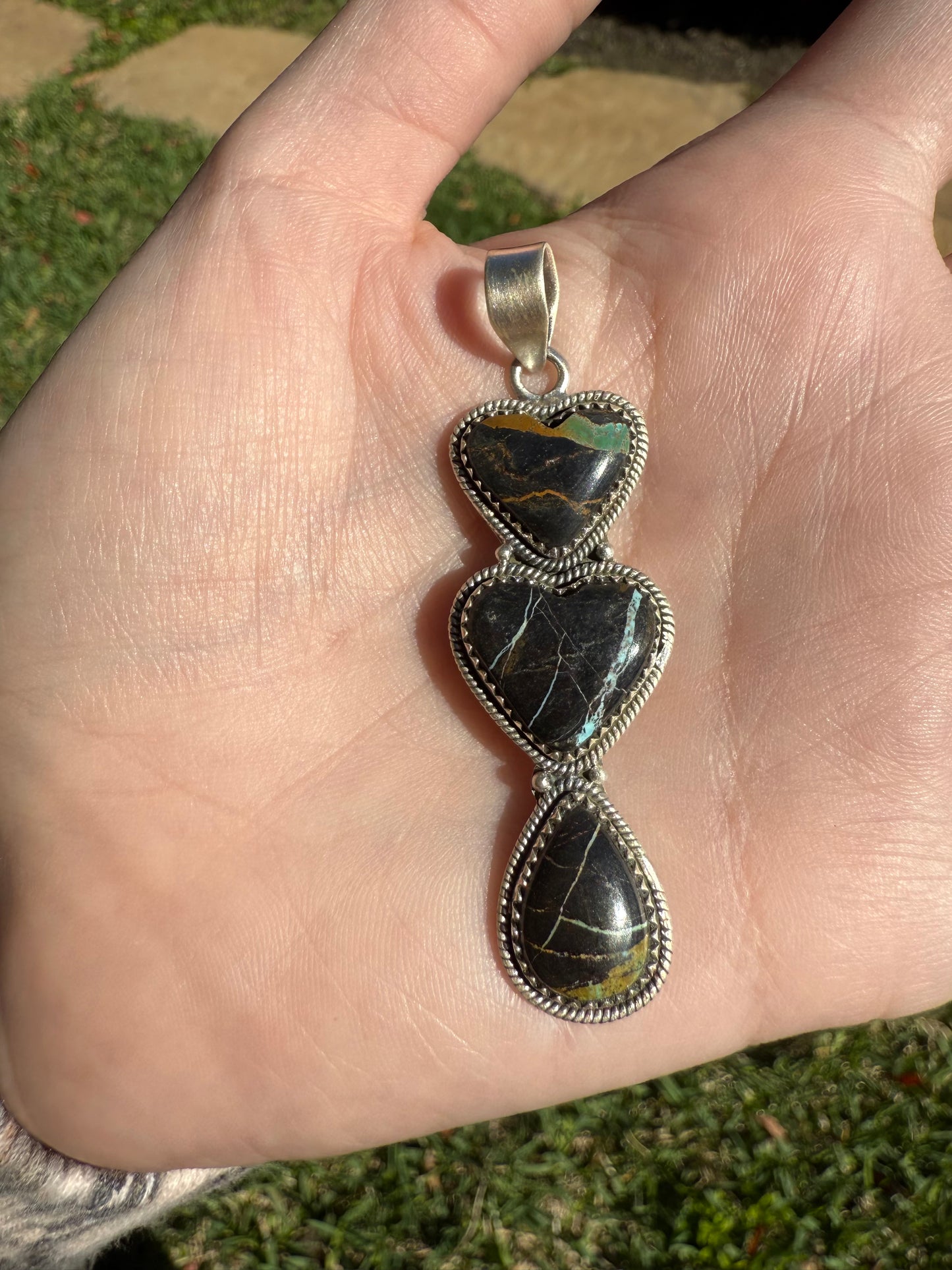 Blackjack Triple Stone Heart Sterling Silver Pendant