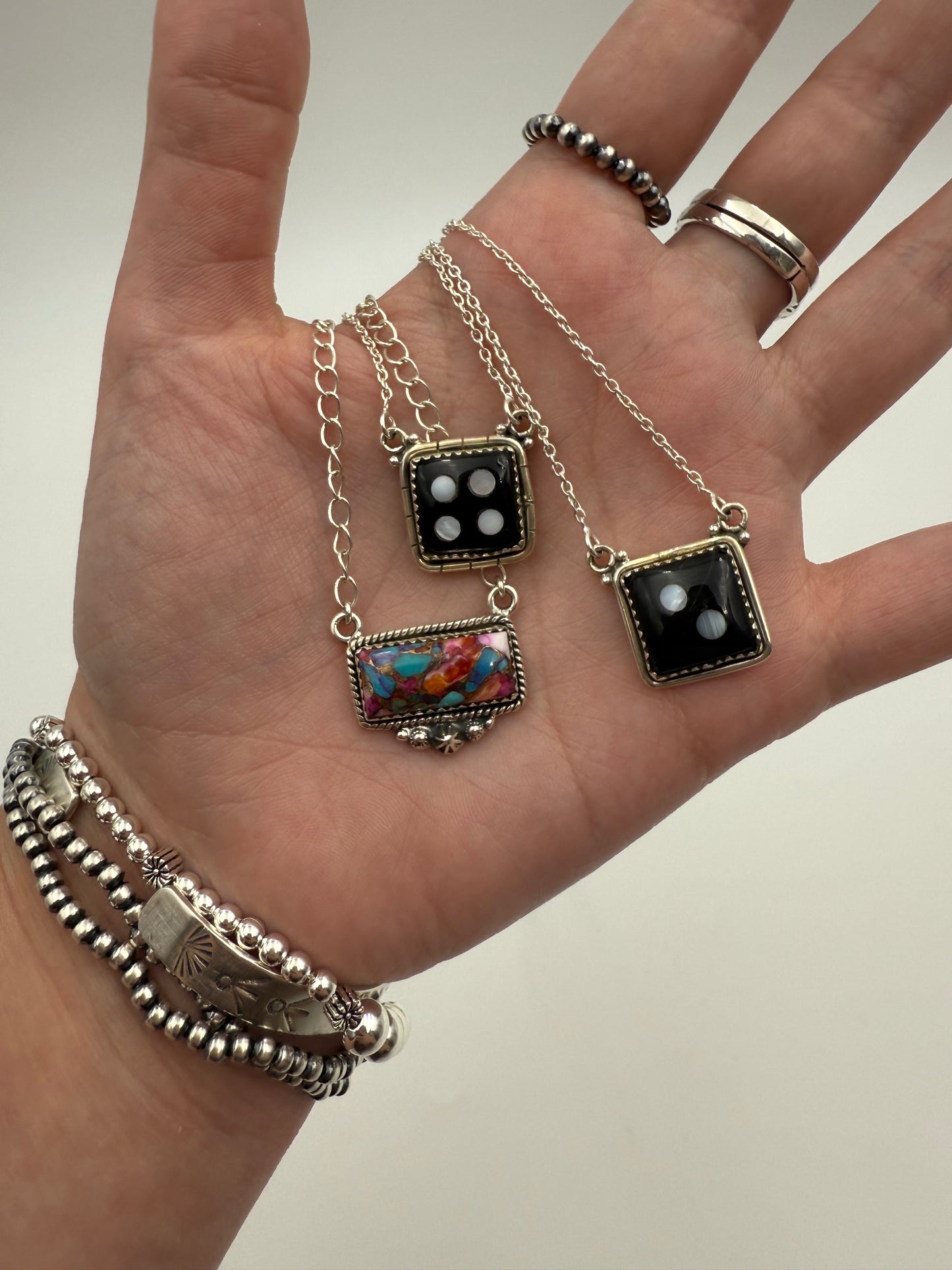 Black Onyx And Mother of Pearl Sterling Silver Dice Necklace