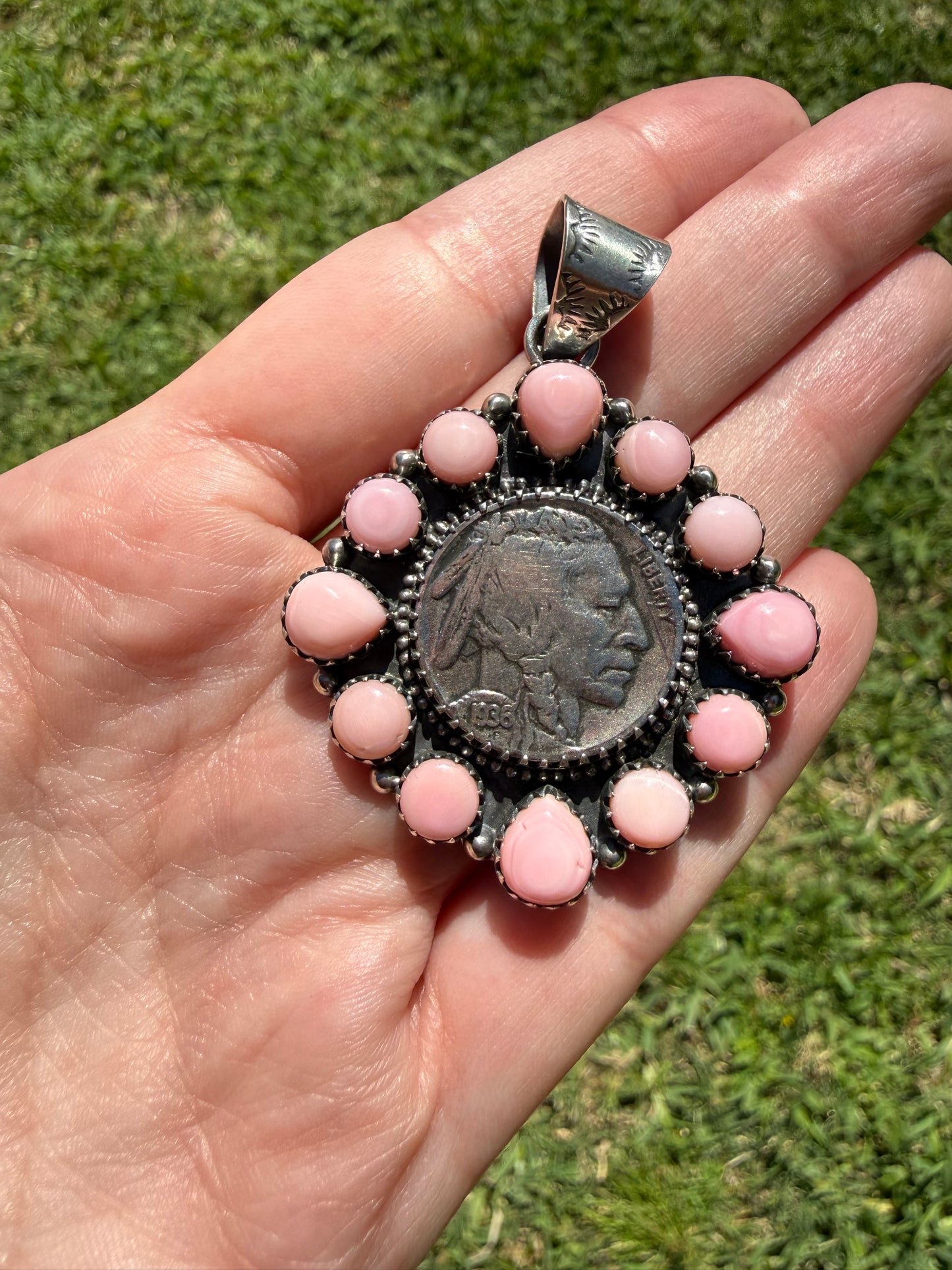 Kingman or Pink Conch Full Flower Coin Sterling Silver Pendant