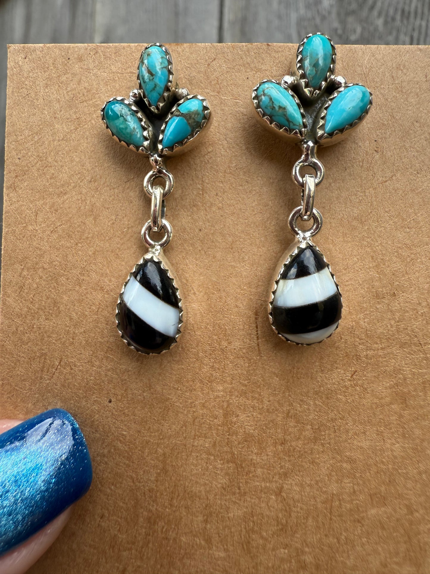 Turquoise with Black And White Strip Dangle 925 Earrings