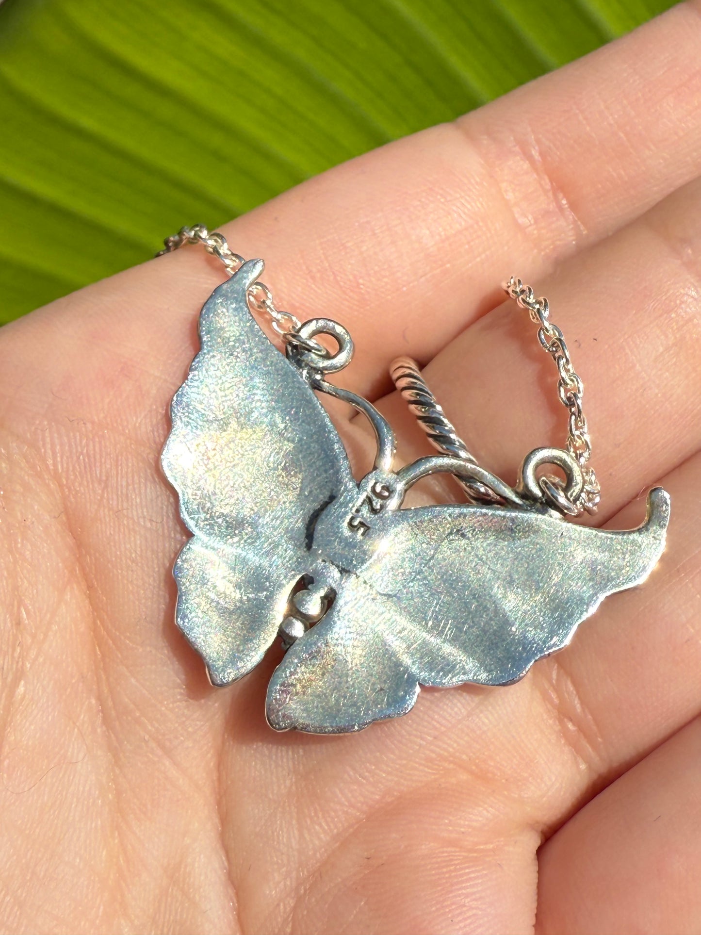 925 Silver Butterfly with Turquoise Plate Pendant Necklace
