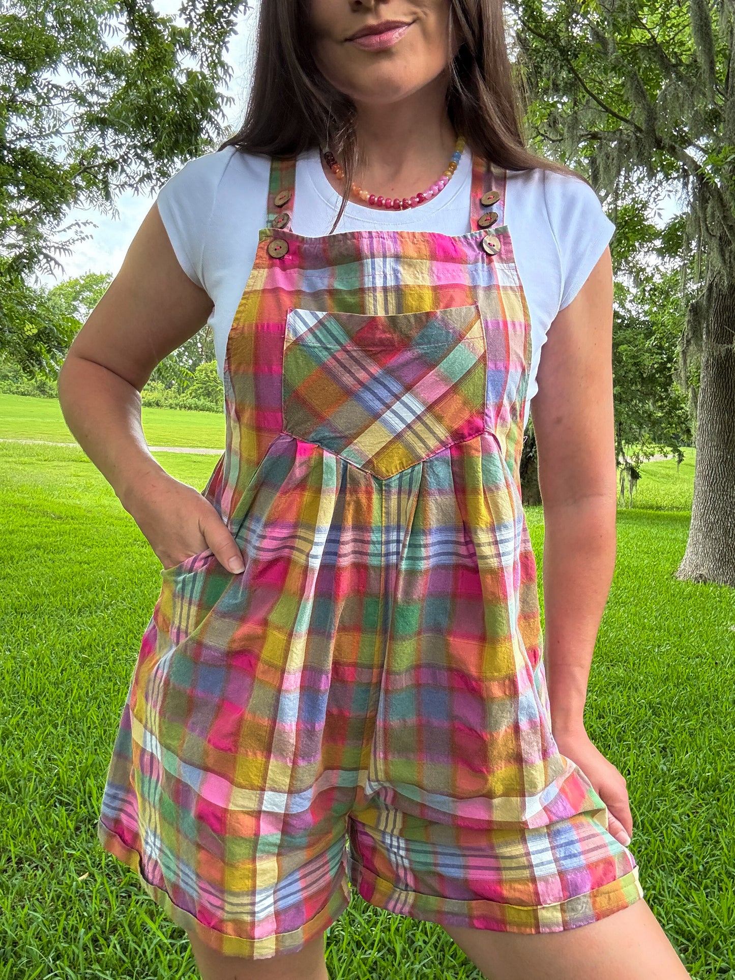 BiBi Rainbow Bleached Vintage Plaid Wide Leg Overalls with Pockets