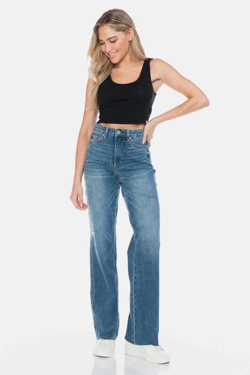 The Go To Judy Blue Full Size Tummy Control Cut Raw Hem Straight Jeans