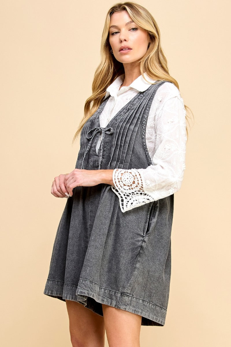 Lana Front Pleated V Neck Sleeveless Denim Romper - 4 Colors