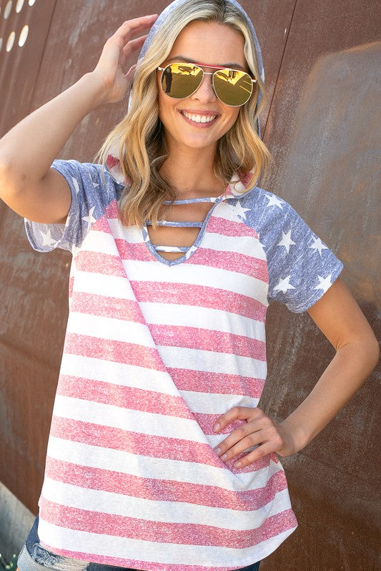 AMERICAN FLAG LACE UP HOODIE TOP