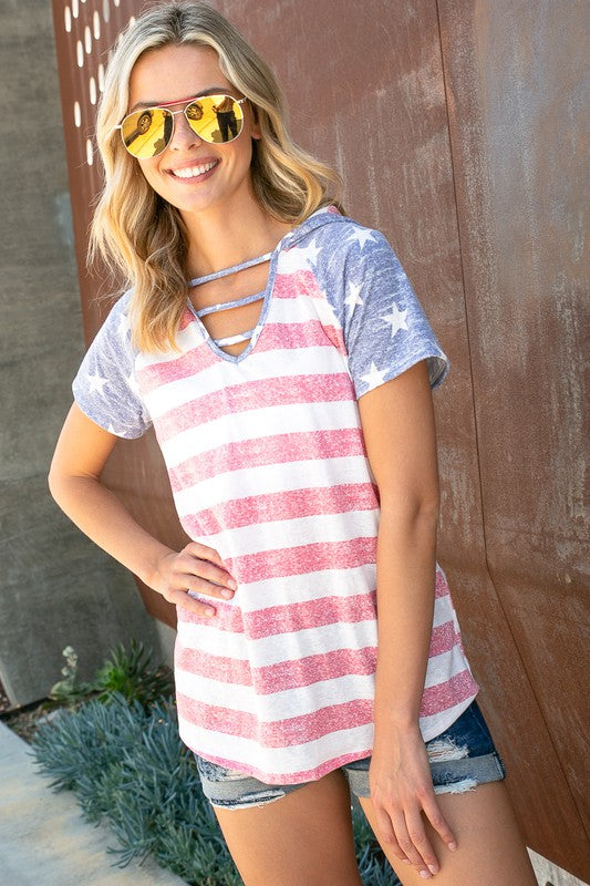 AMERICAN FLAG LACE UP HOODIE TOP