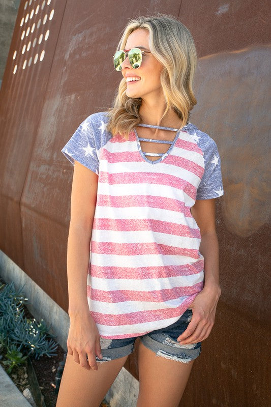 AMERICAN FLAG LACE UP HOODIE TOP