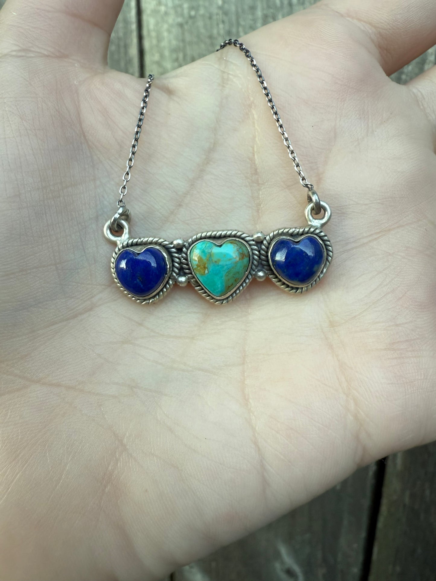 Turquoise and Blue Lapis Triple Heart Bar Sterling Silver Necklace