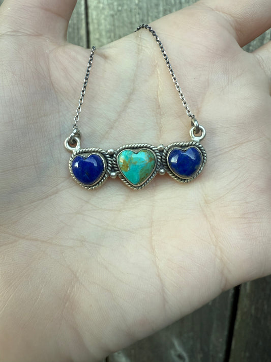 Turquoise and Blue Lapis Triple Heart Bar Sterling Silver Necklace