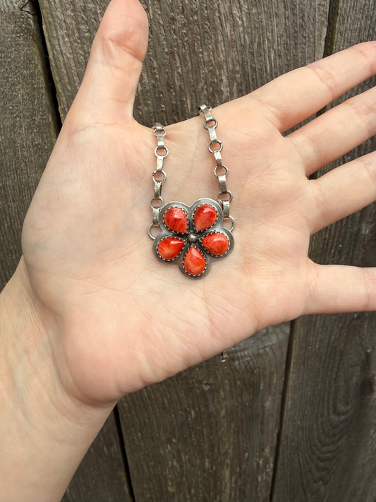 Red Spiny Full Flower Cluster Choker Sterling Silver Necklace