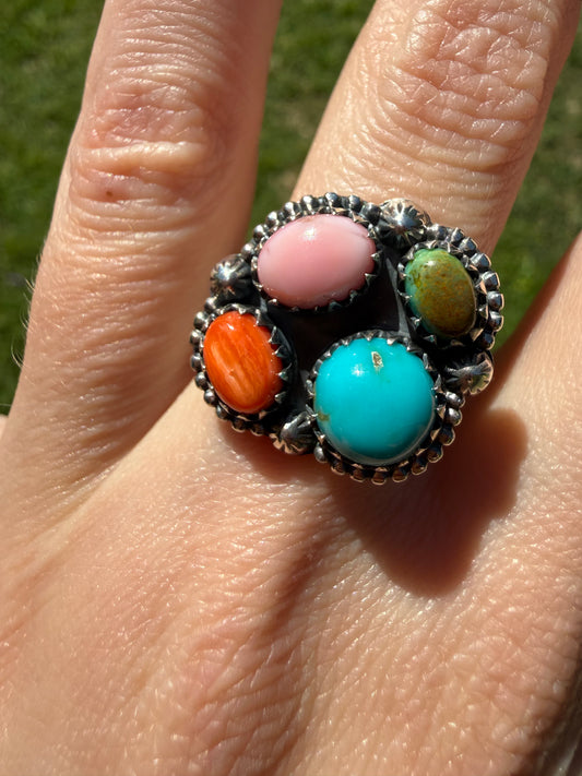 Multi Stone Cluster Sterling Silver Ring - Size 6