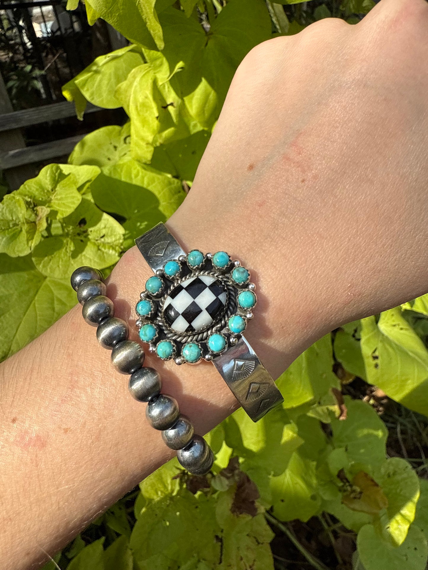 Turquoise and Checkered Flower Style Sterling Silver Cuff