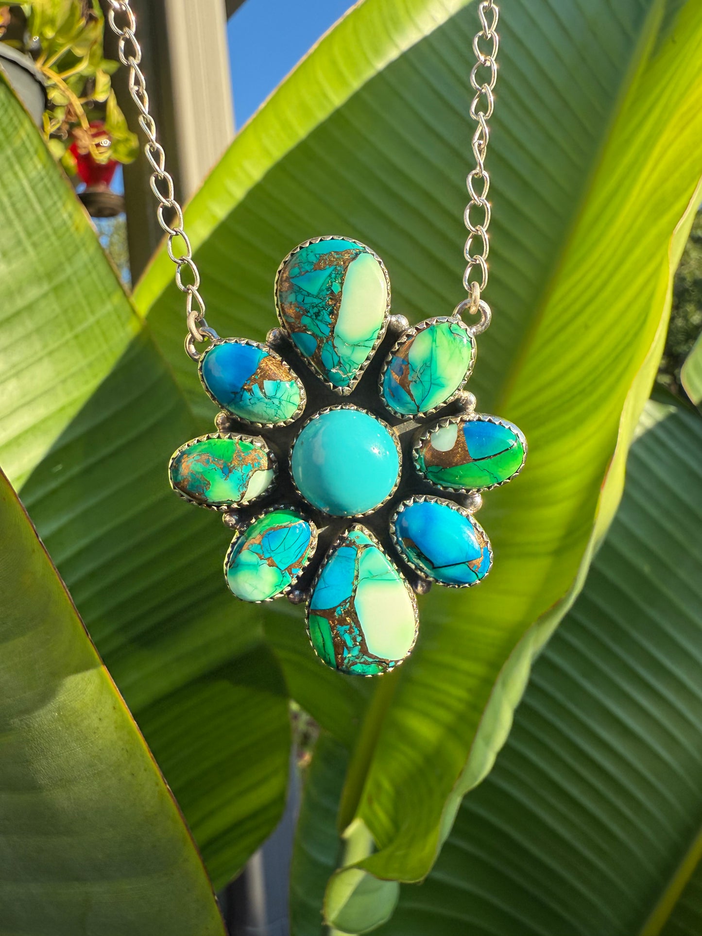 Peacock Dahlia Turquoise and Green Stone Flower 925 Sterling Silver Necklace